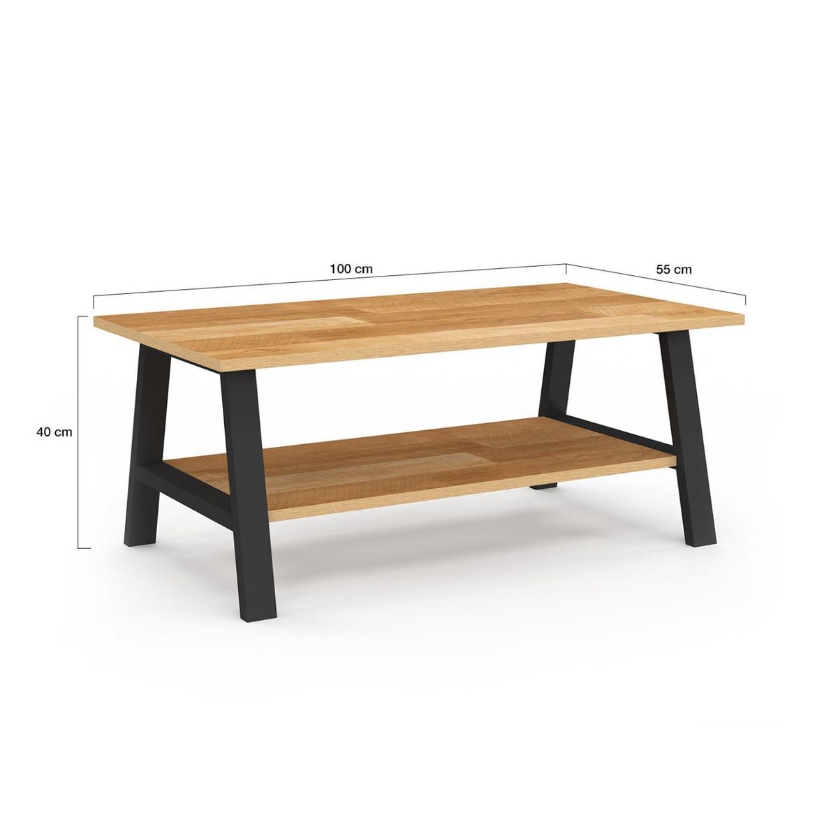 ID MARKET Table basse rectangulaire MADELEINE 100 cm double plateau bois et noir