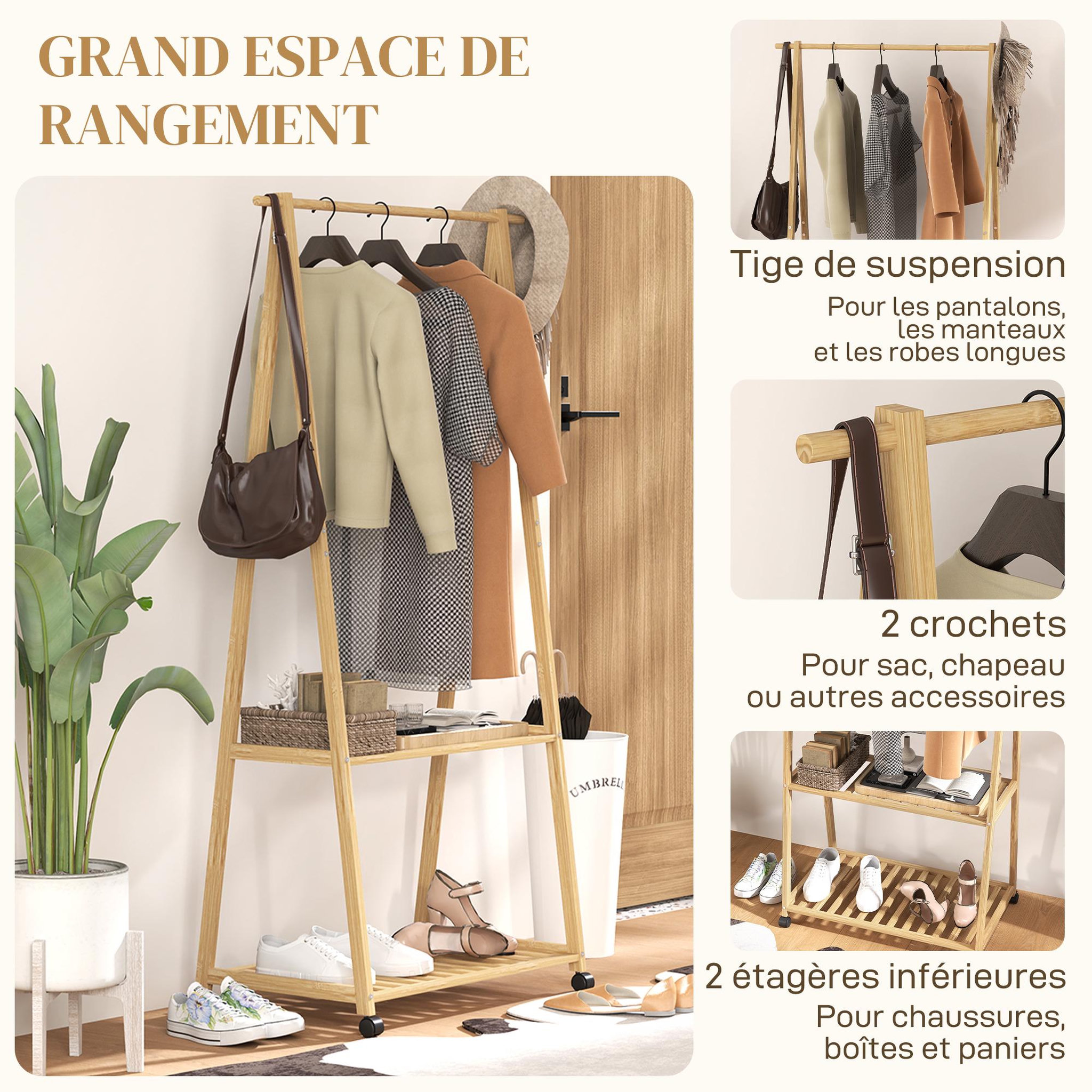 Voir la diapositive 4 : HOMCOM Portant penderie à vêtements en bambou mobile 4 roulettes 2 étagères dim. 84,5l x 43,5l x 158h cm
