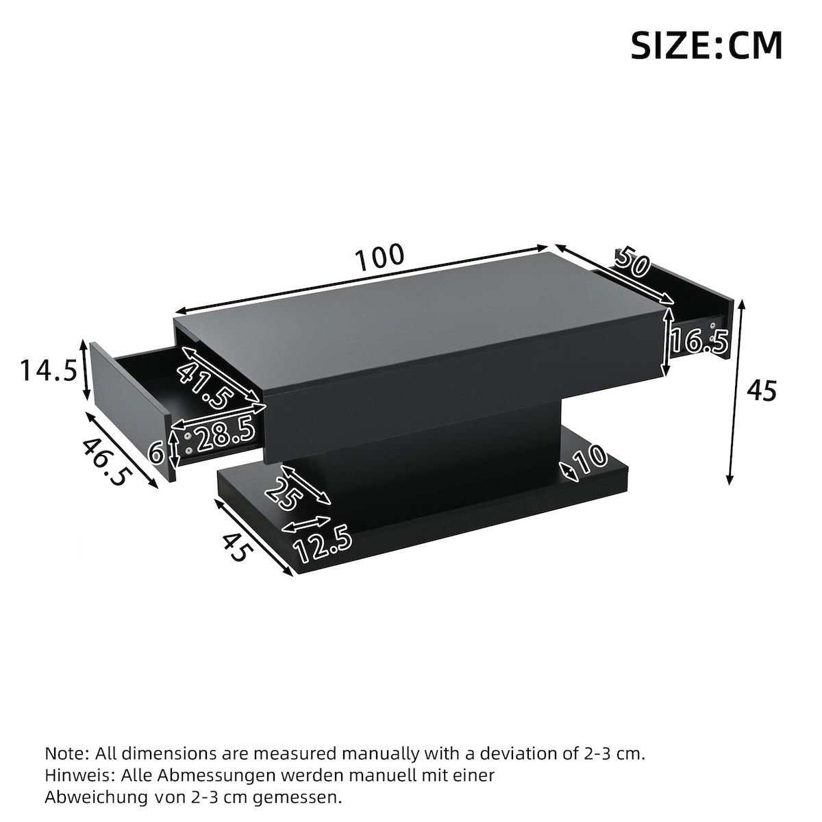 MERAX Table basse rectangulaire noir avec 2 tiroirs - 50x100 cm led panneau de particules