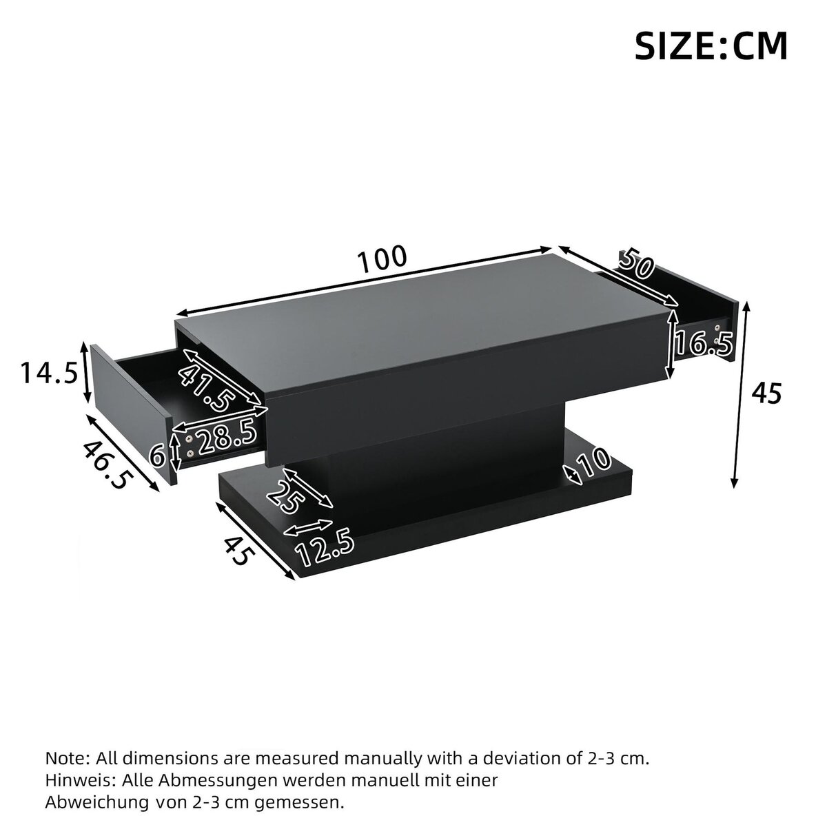 MERAX Table basse rectangulaire noir avec 2 tiroirs - 50x100 cm led panneau de particules