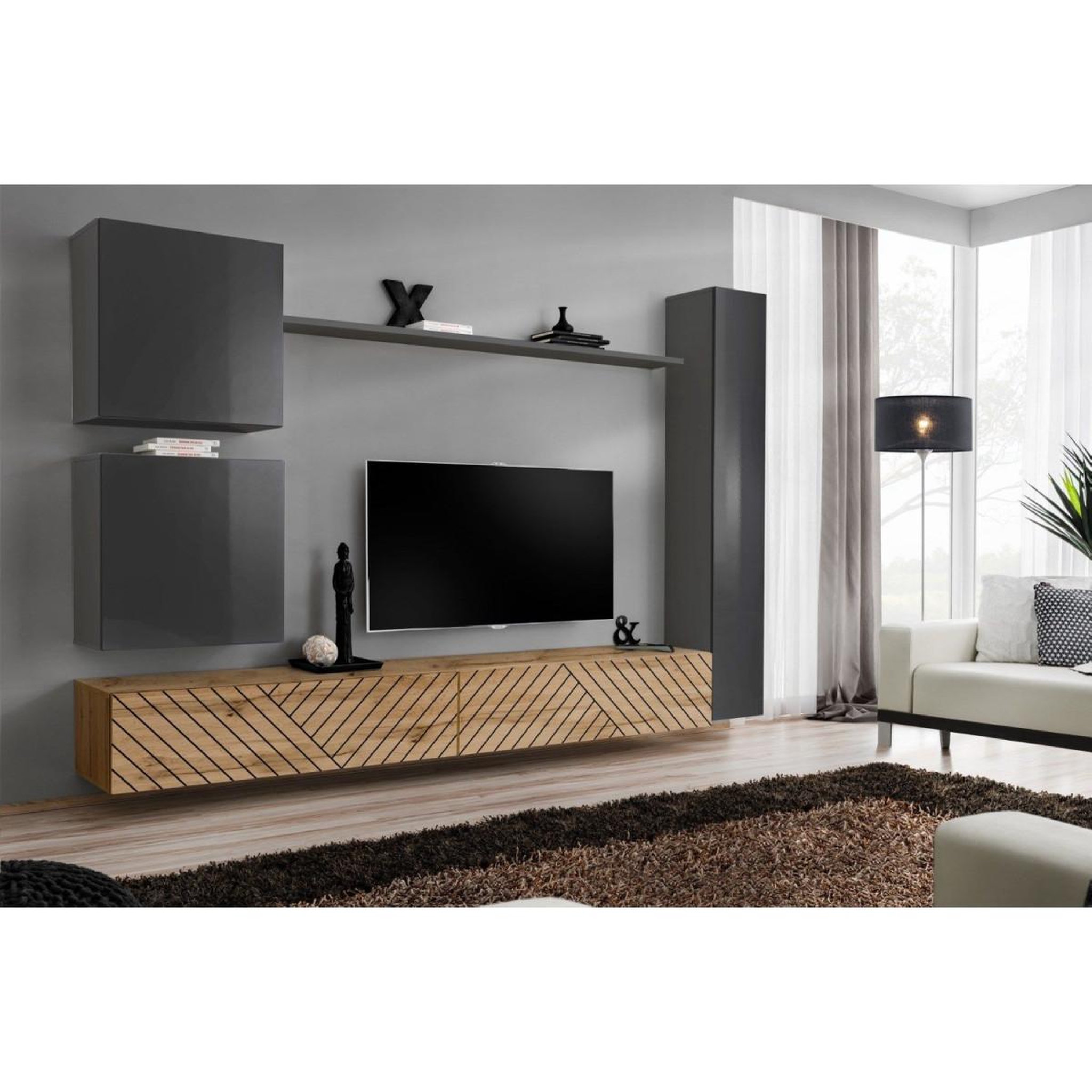 Voir la diapositive 2 : Paris Prix Ensemble meuble tv  switch lamel viii  280cm naturel & gris