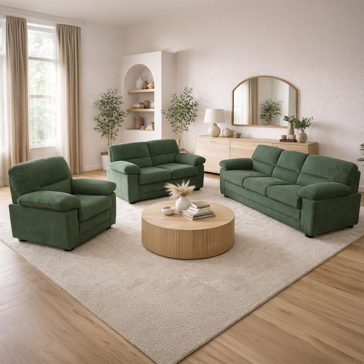 CONCEPT USINE Canapé 3 places + 2 places + fauteuil en velours côtelé vert foncé LINCOLN