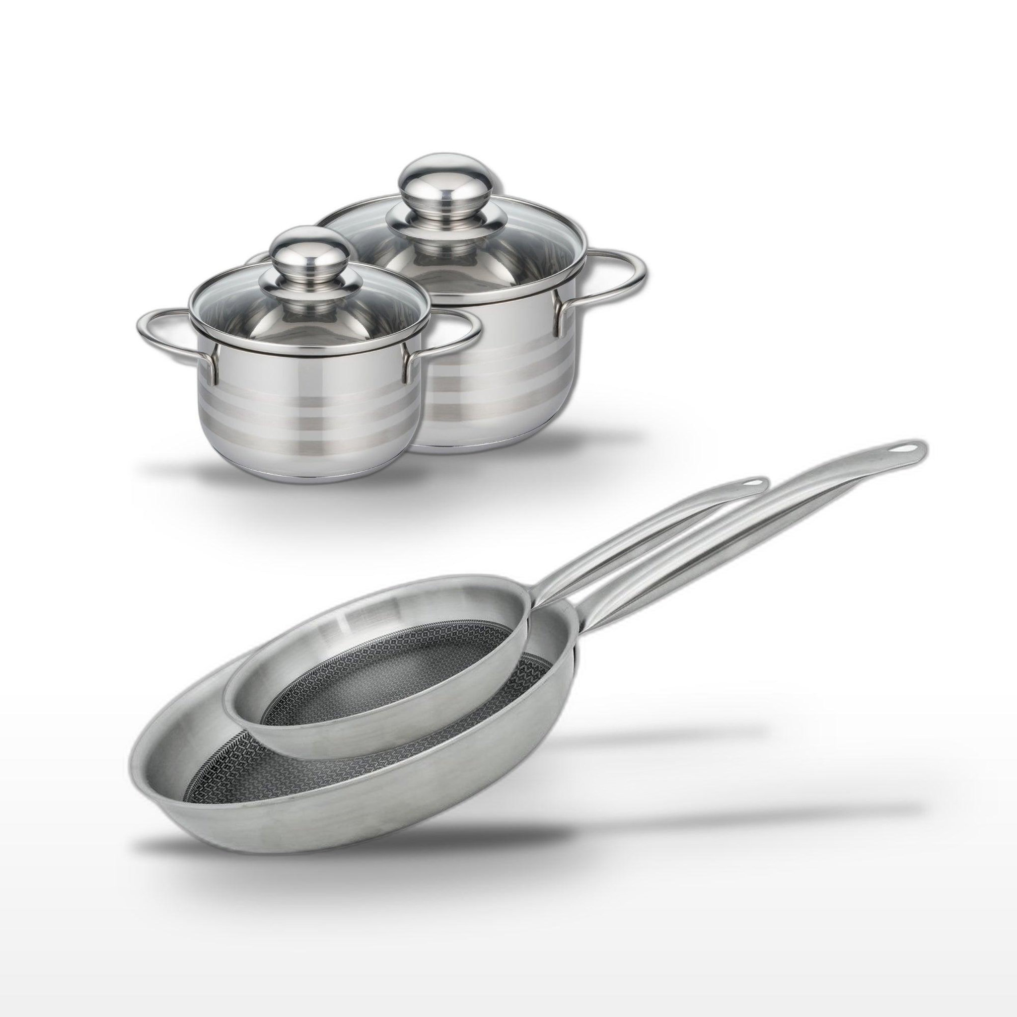 ELO Batterie de cuisine avec 2 poêles 24/28 cm et 2 faitouts 12/14 cm en inox et aluminium sans pfas elo collection relief solution brillant