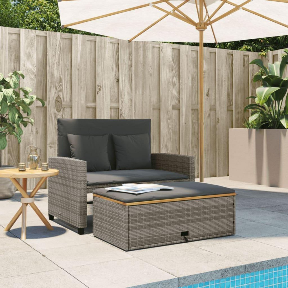 VIDAXL Canape de jardin 2 places coussins gris resine tressee&acacia