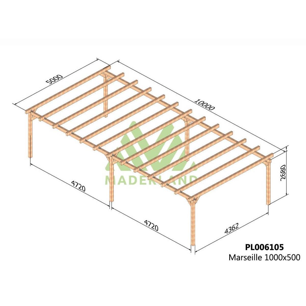 JARDIDECO Pergola en bois lamellé-collé Marseille 1000 x 500 cm - Maderland