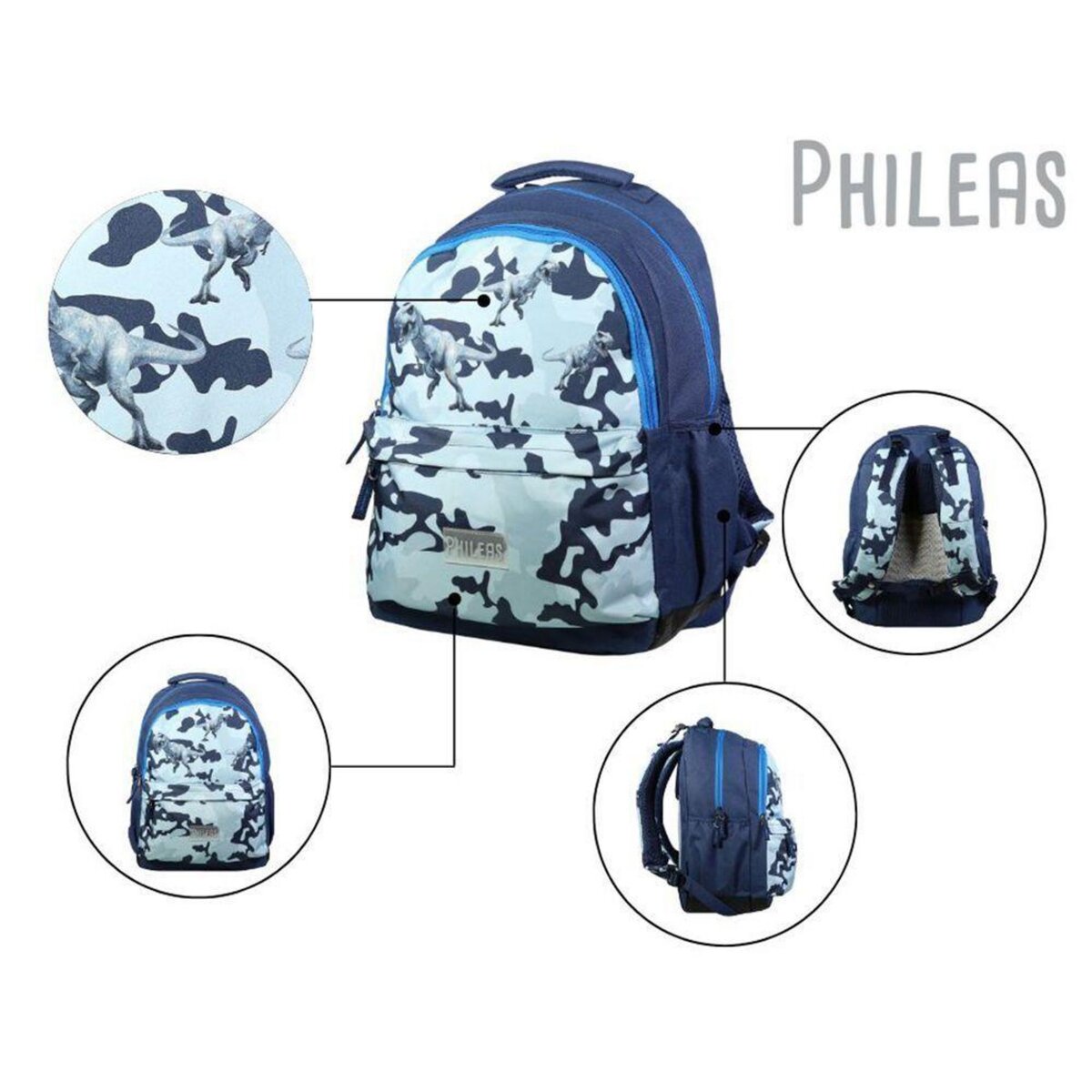 Bagtrotter BAGTROTTER Sac à dos 2 compartiments Phileas Dinosaures Bleu - Le Plus Confortable des Sacs A Dos - Ergonomie/Confort/Sécurité - Système Smart Comfort