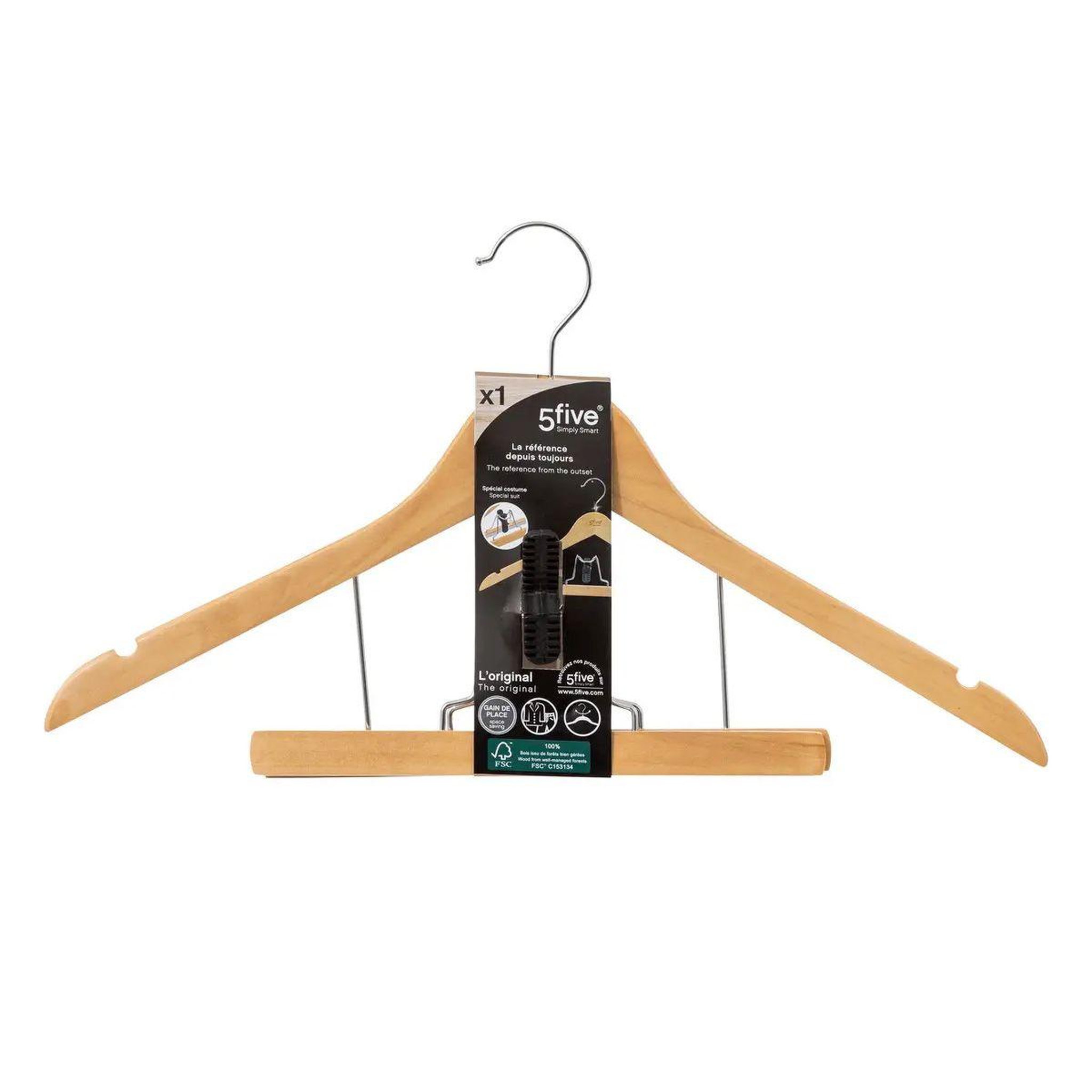 Voir la diapositive 2 : FIVE Cintre en bois  costume  44cm naturel