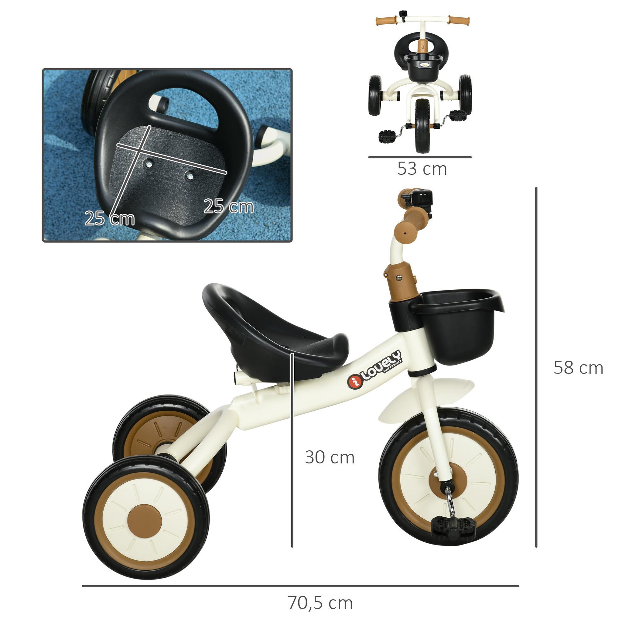 Voir la diapositive 3 : HOMCOM Tricycle enfant multi-équipé garde-boue sonnette panier pédales antidérapantes siège réglable avec dossier métal blanc