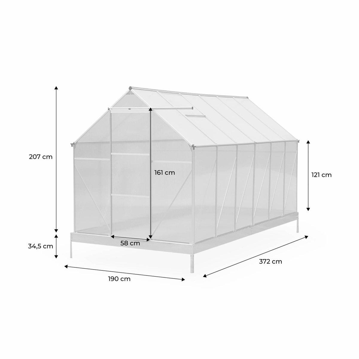 SWEEEK Serre de jardin Sapin en polycarbonate 7m² avec base. 2 lucarnes de toit. gouttière.  Polycarbonate 4mm