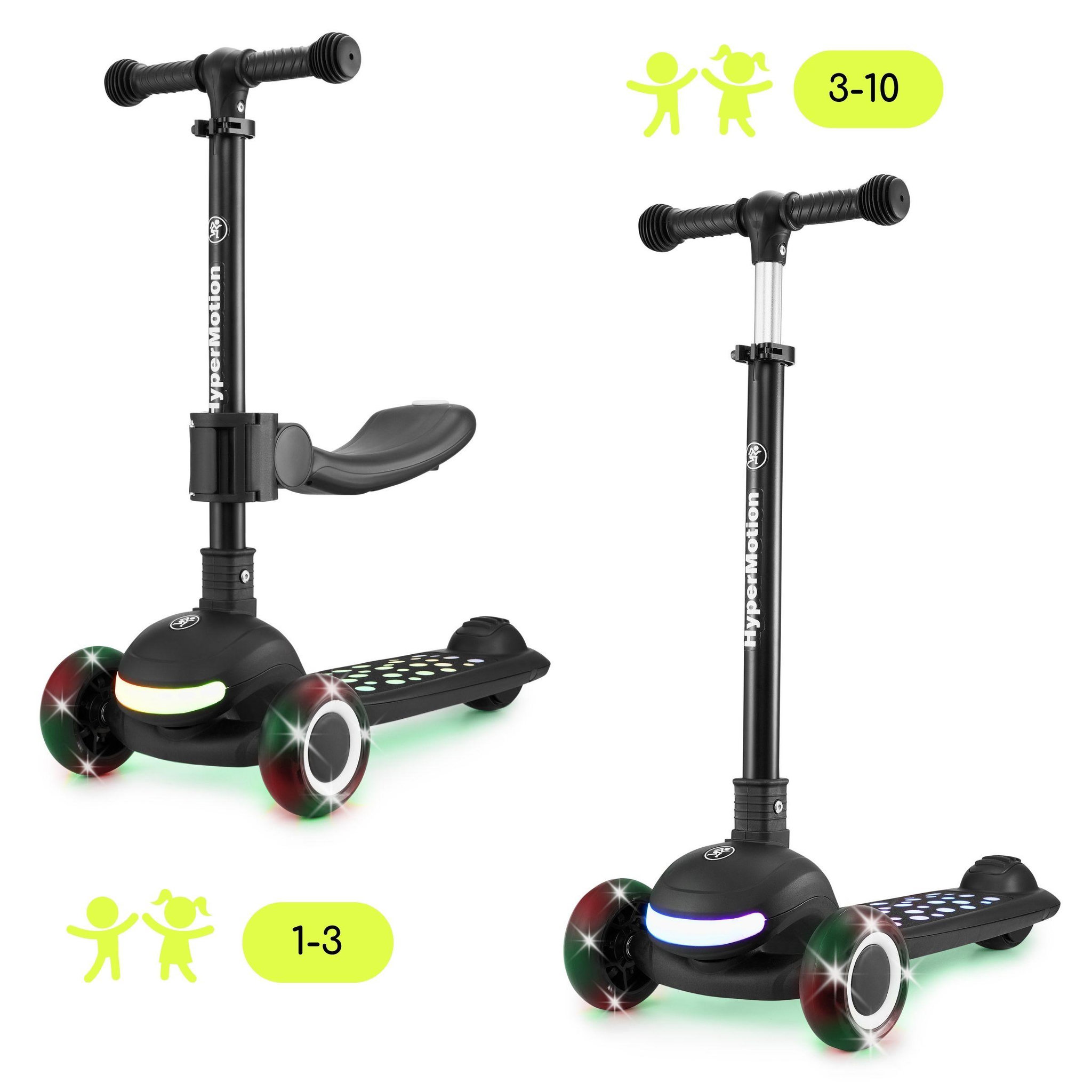Voir la diapositive 3 : HYPERMOTION Trottinette Enfant 3-en-1 - LED - 50 kg- Siège Réglable- Pliable- Roues PU- Guidon T-Bar