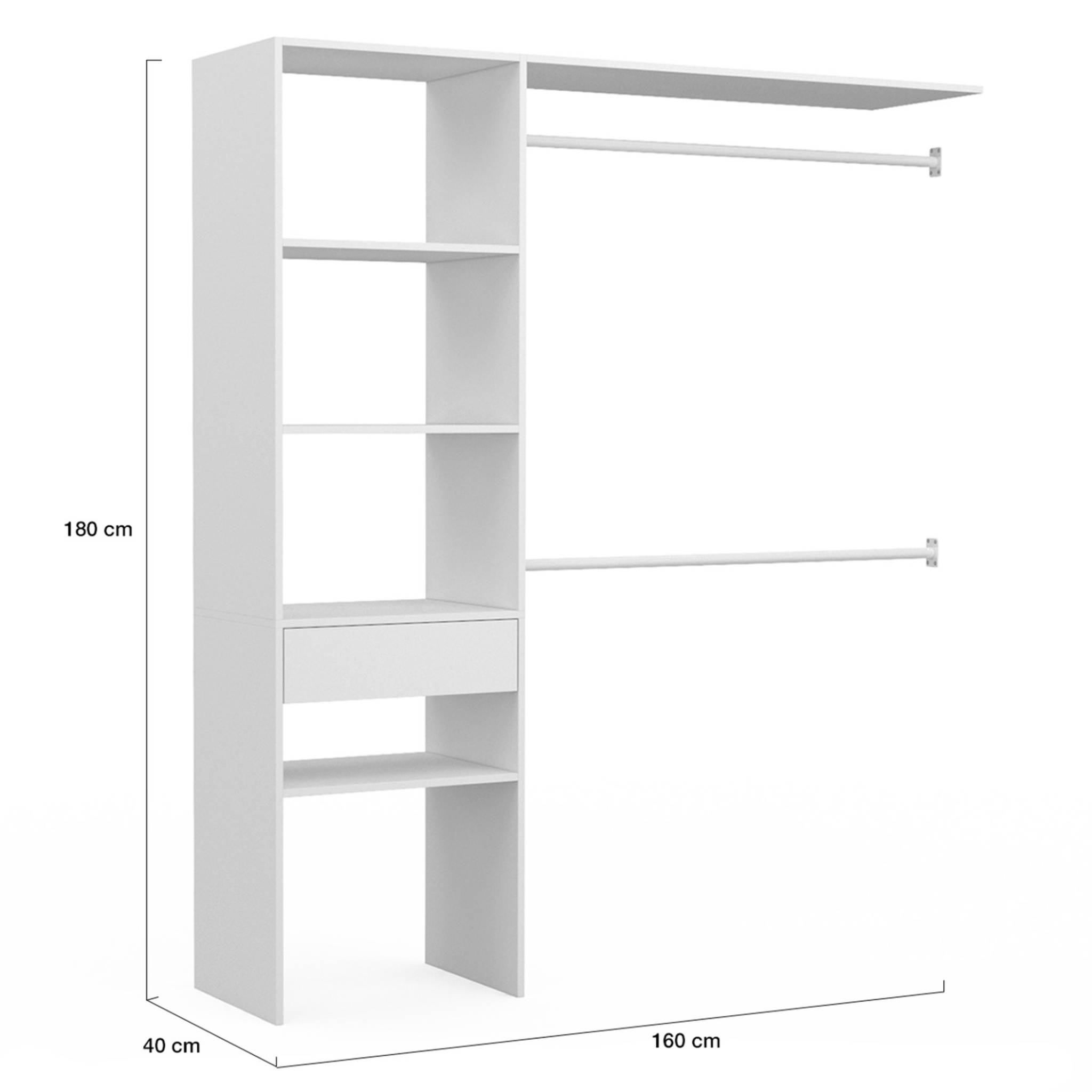 Voir la diapositive 4 : ID MARKET Kit dressing meline 160 x 40 x 180 cm blanc avec étagères + tiroir + double penderie