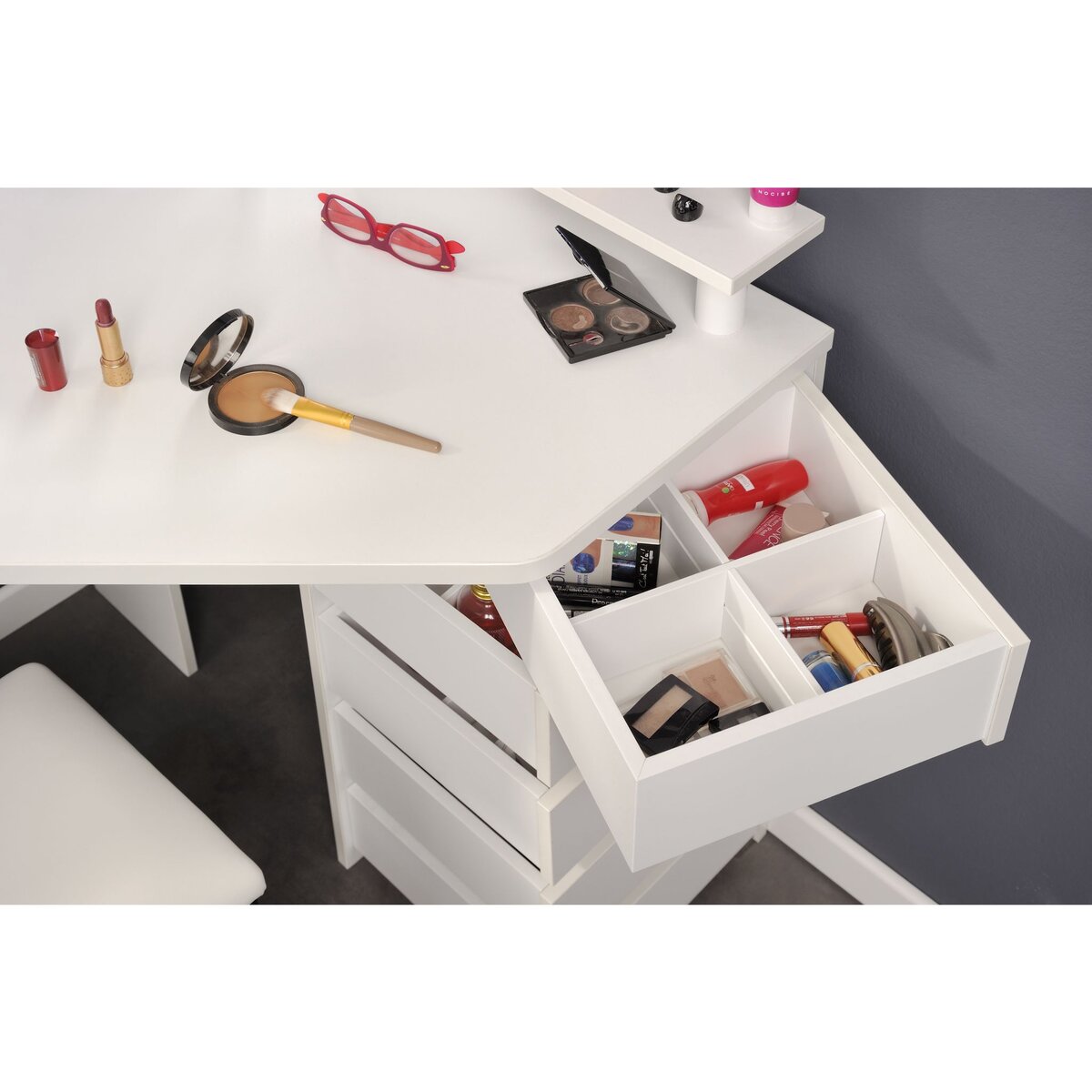 Coiffeuse d'angle avec LED 3 miroirs 5 tiroirs pivotants GIRLY