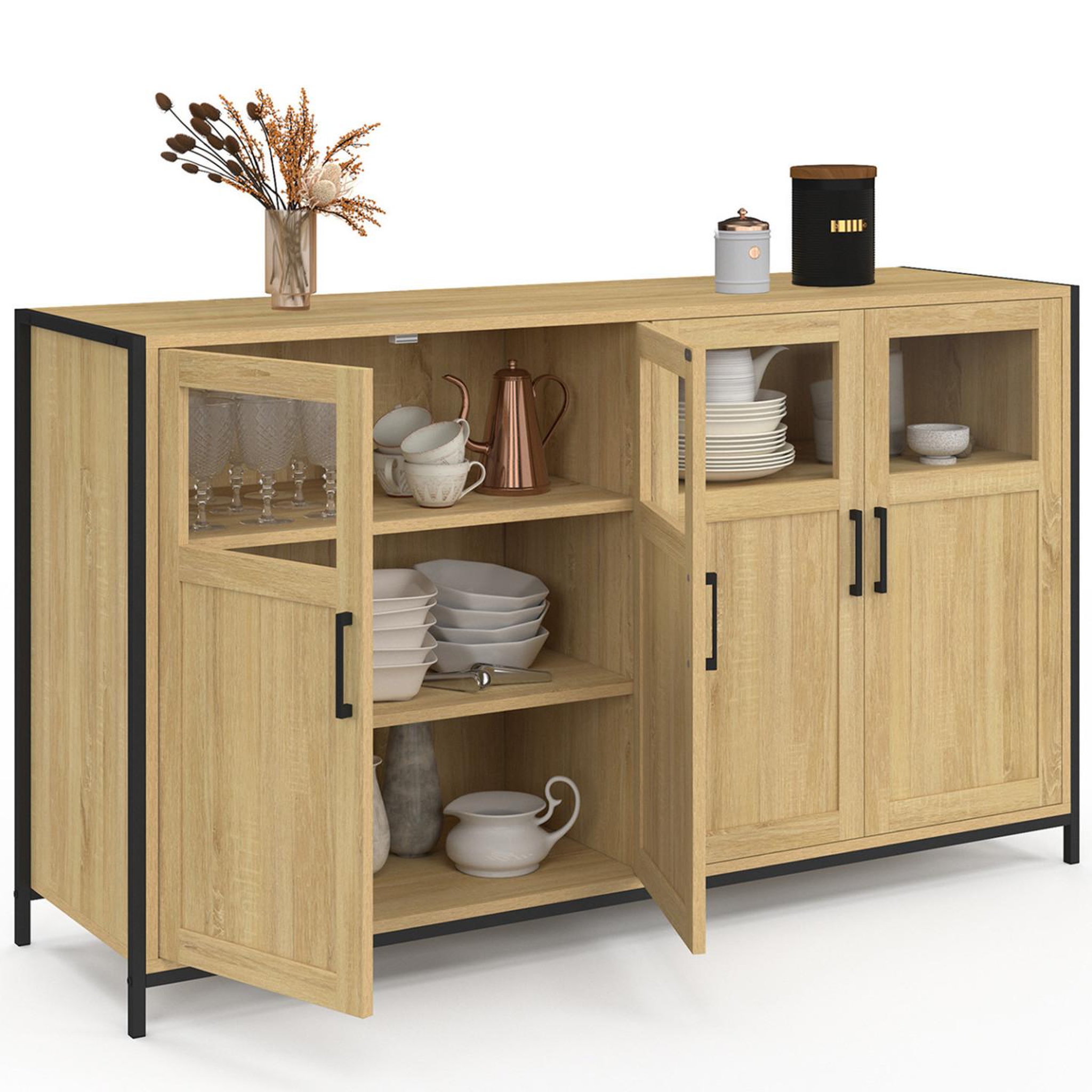Voir la diapositive 4 : ID MARKET Buffet 140 cm detroit 4 portes avec vitrines design industriel