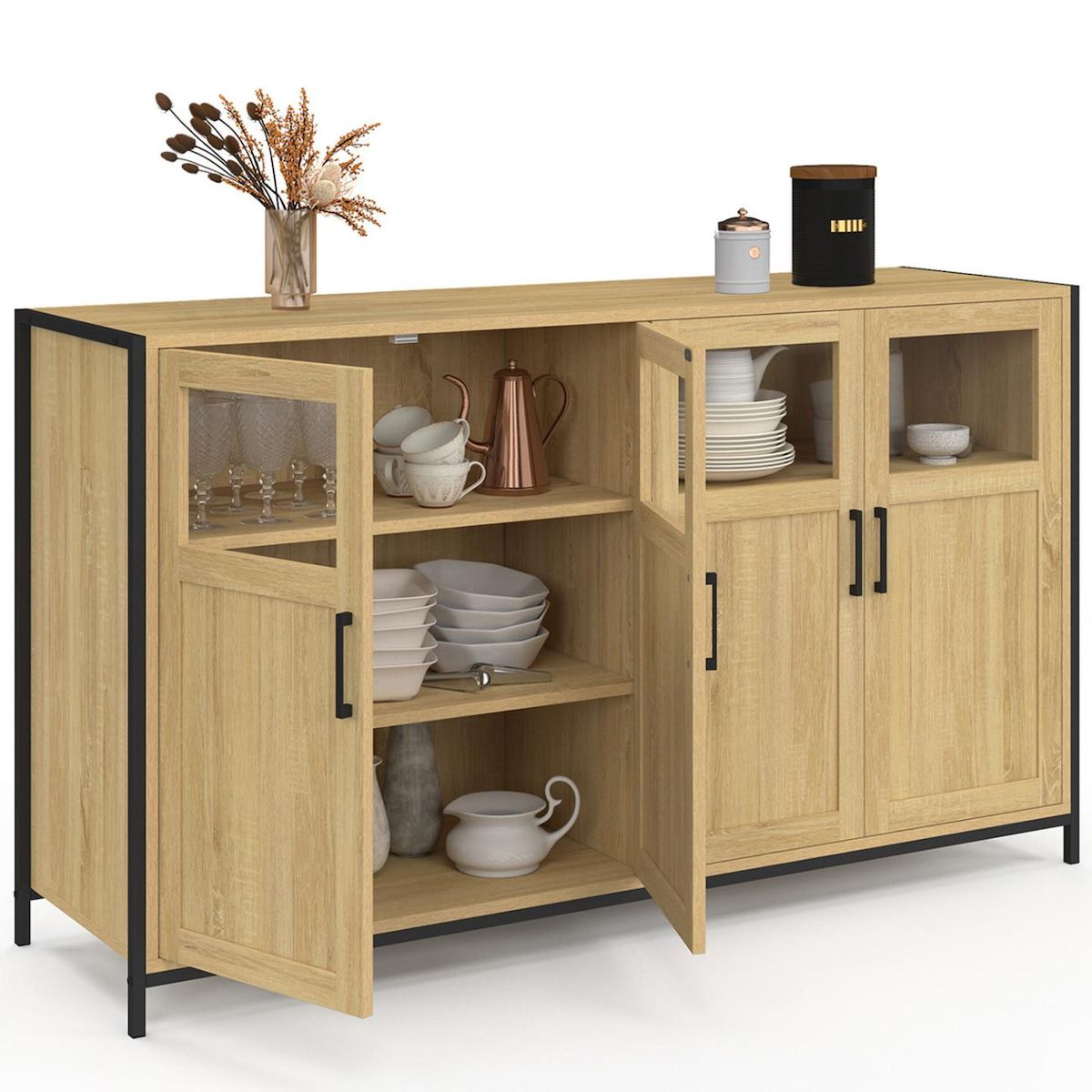ID MARKET Buffet 140 cm DETROIT 4 portes avec vitrines design industriel