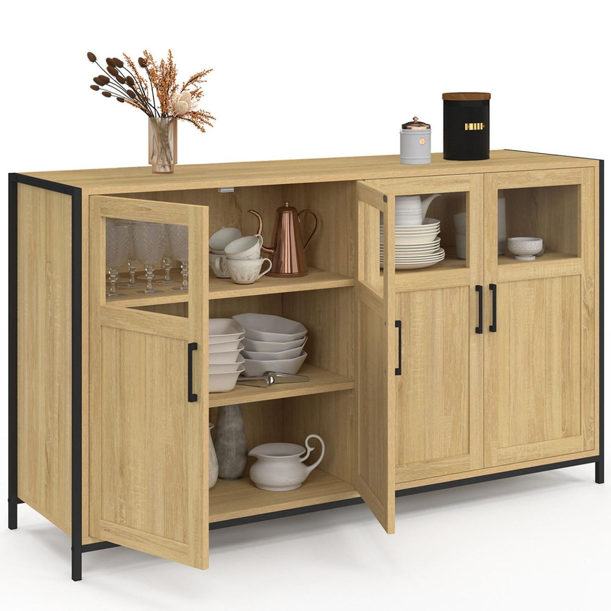 ID MARKET Buffet 140 cm DETROIT 4 portes avec vitrines design industriel