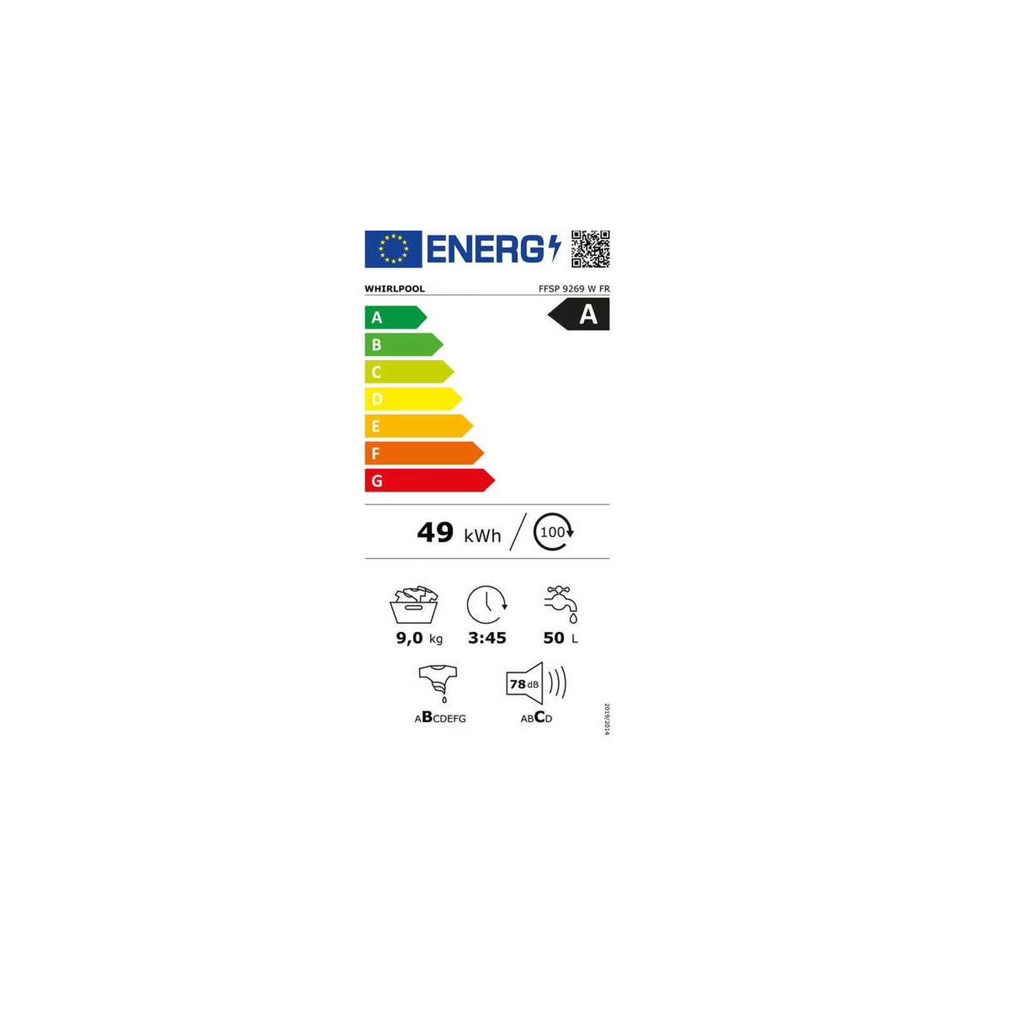Voir la diapositive 2 : Whirlpool Lave-linge frontal 9kg 1200 tours/min blanc - ffspl9269wfr