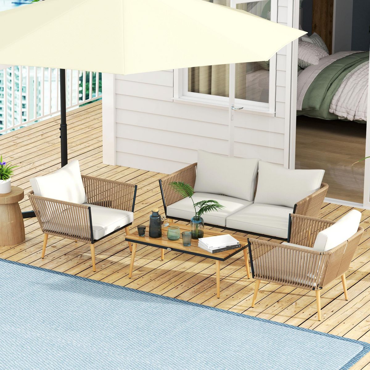 OUTSUNNY Salon de jardin 4 places 4 pièces design scandinave acier époxy résine filaire PE coussins inclus crème