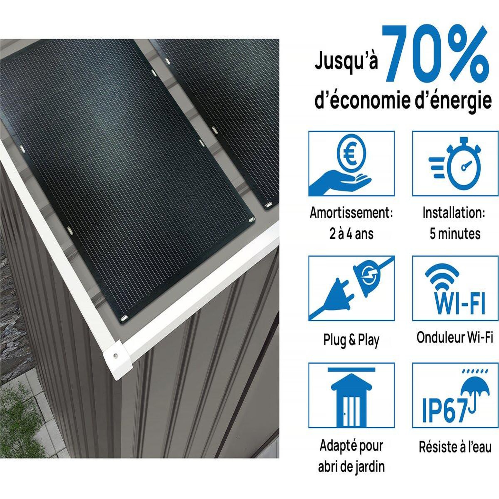 Voir la diapositive 3 : Habitat et Jardin Abri jardin métal  dallas  - 5,29 m² avec panneaux solaires - taupe