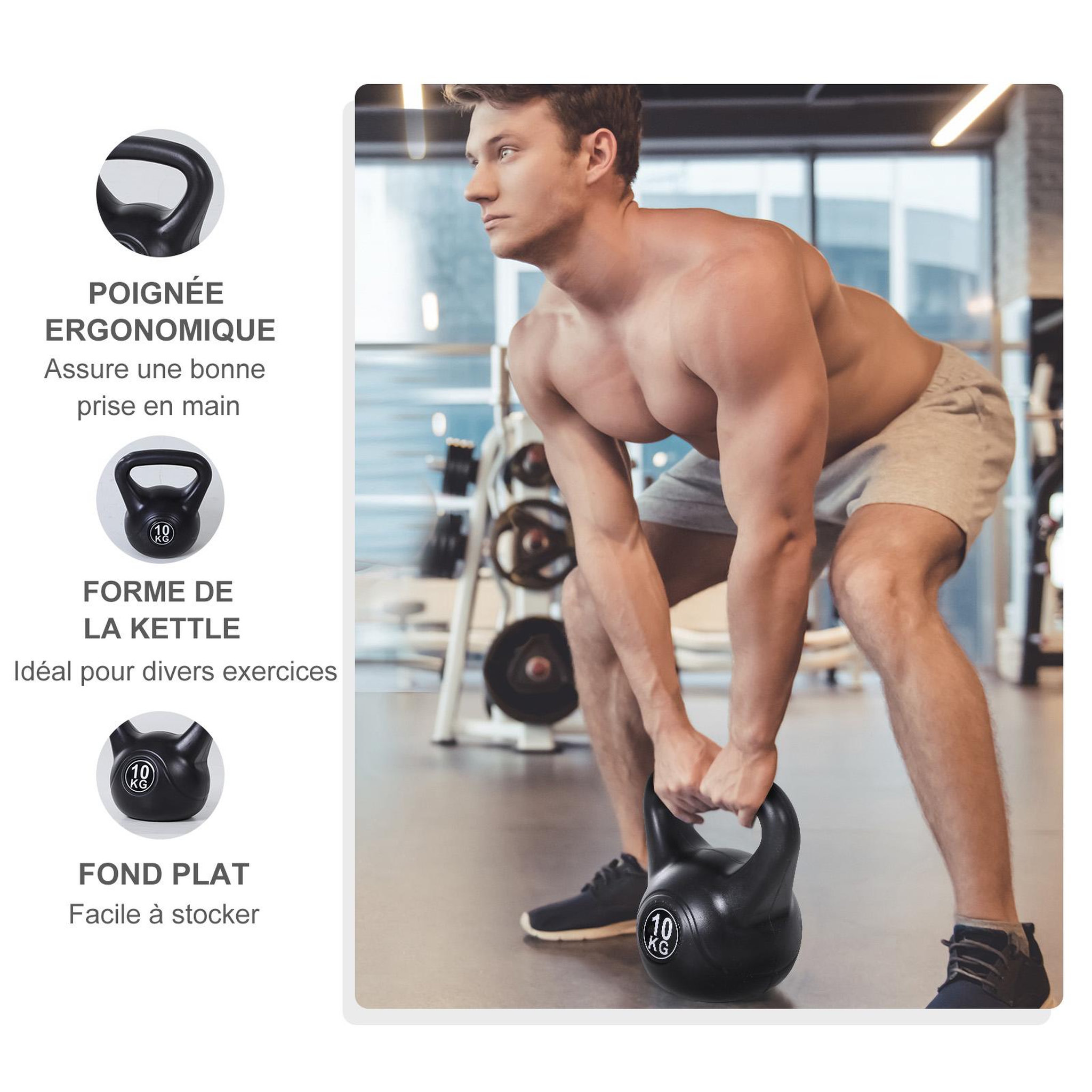 Voir la diapositive 4 : HOMCOM Kettlebell 10 kg - haltère boule - poignée ergonomique - pvc noir