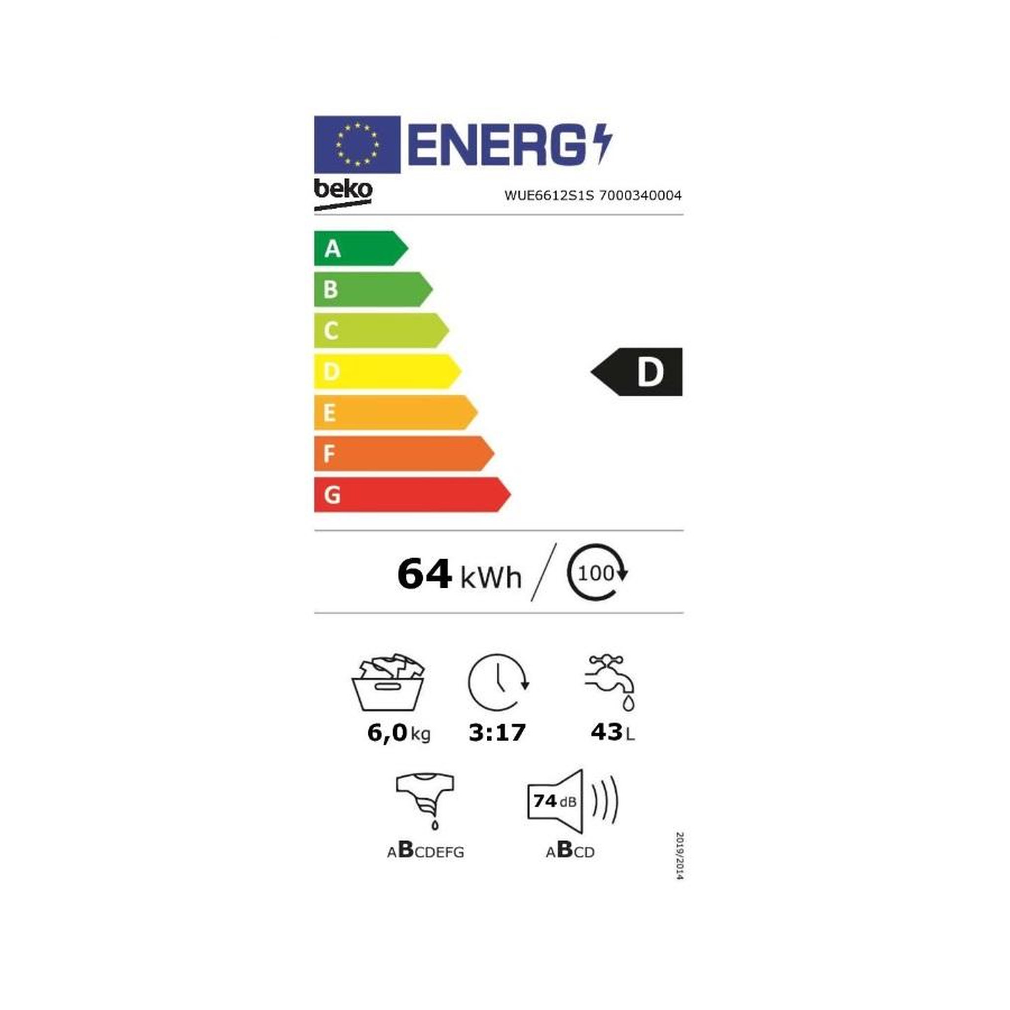 Voir la diapositive 2 : Beko Lave-linge frontal 6kg 1200 tours/min - WUE6612S1S