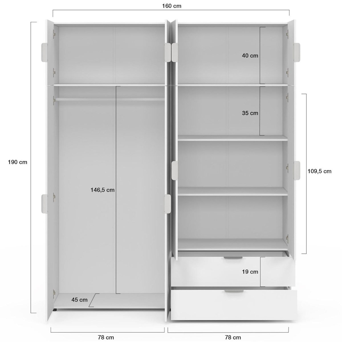 ID MARKET Armoire 4 portes MINA blanc penderie 160 cm avec 2 rangements hauts et 2 tiroirs