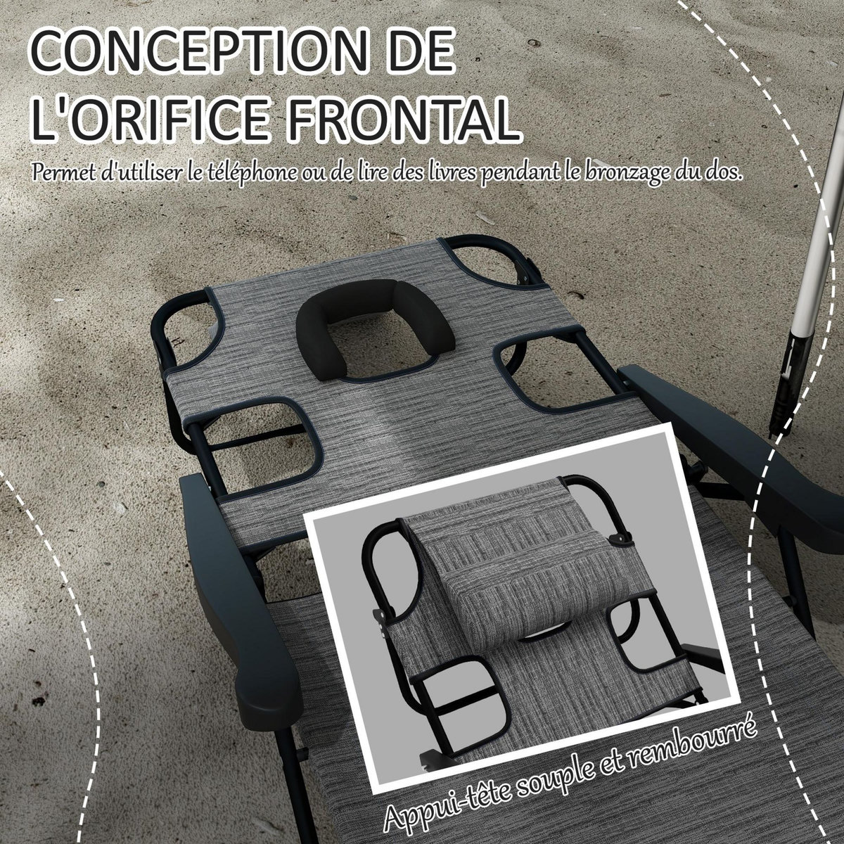 OUTSUNNY Bain de soleil transat pliable inclinable - coussins, espace tête - acier noir polyester gris chiné