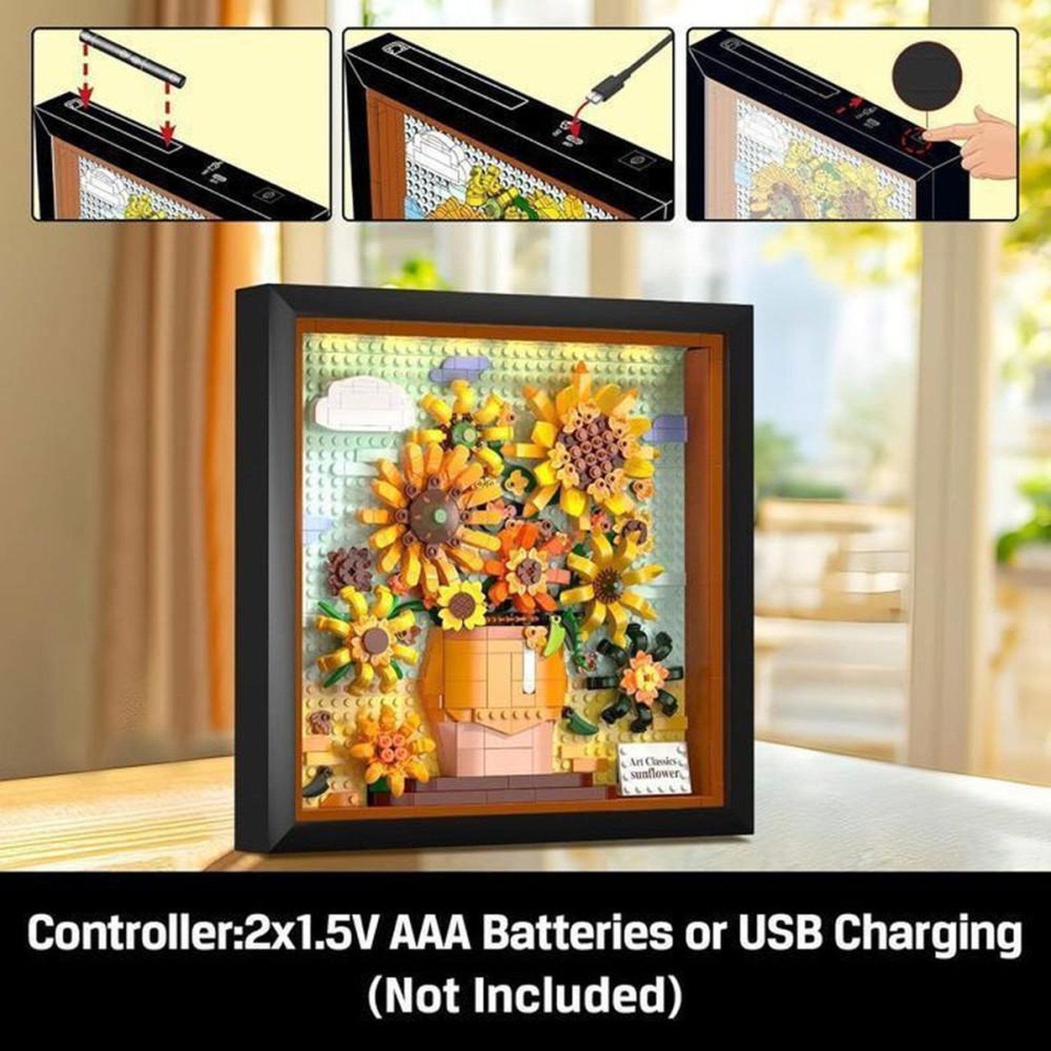 Voir la diapositive 4 : Kit cadres de briques LED HOGOKIDS « Sunflowers » inspiré de Van Gogh, 807 pièces, cadre noir, ABS, alimentation USB