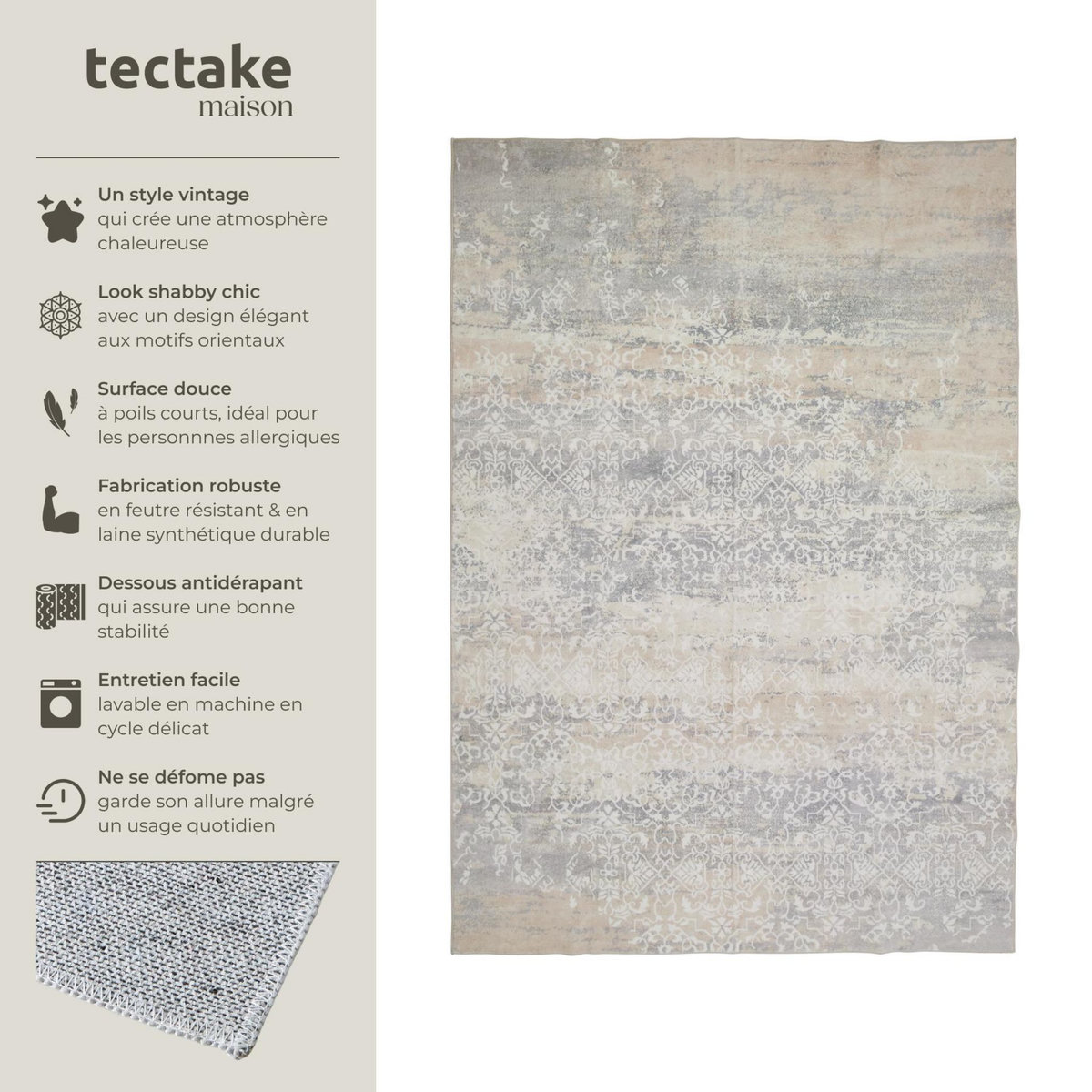 tectake Tapis design vintage à poils courts en laine synthétique et feutre beige 160 x 230 cm