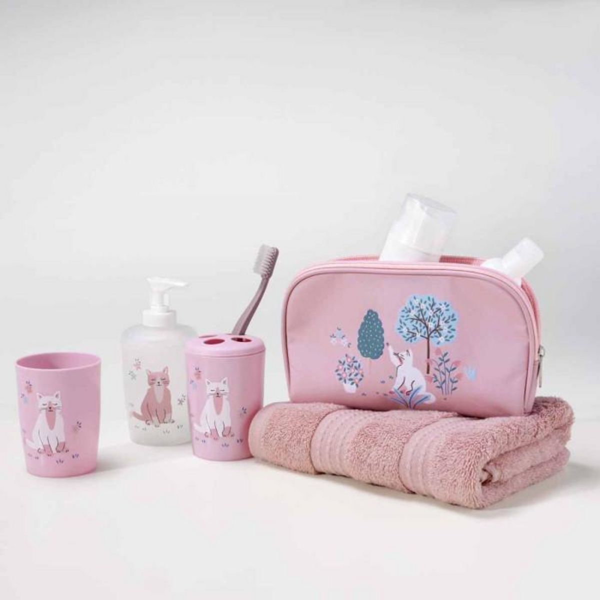 Paris Prix Set 4 Accessoires Salle de Bain Enfant  Chaton  Rose