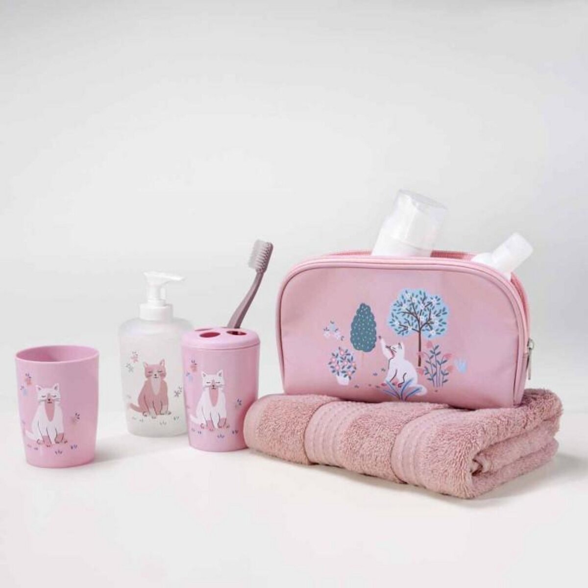 Paris Prix Set 4 Accessoires Salle de Bain Enfant  Chaton  Rose