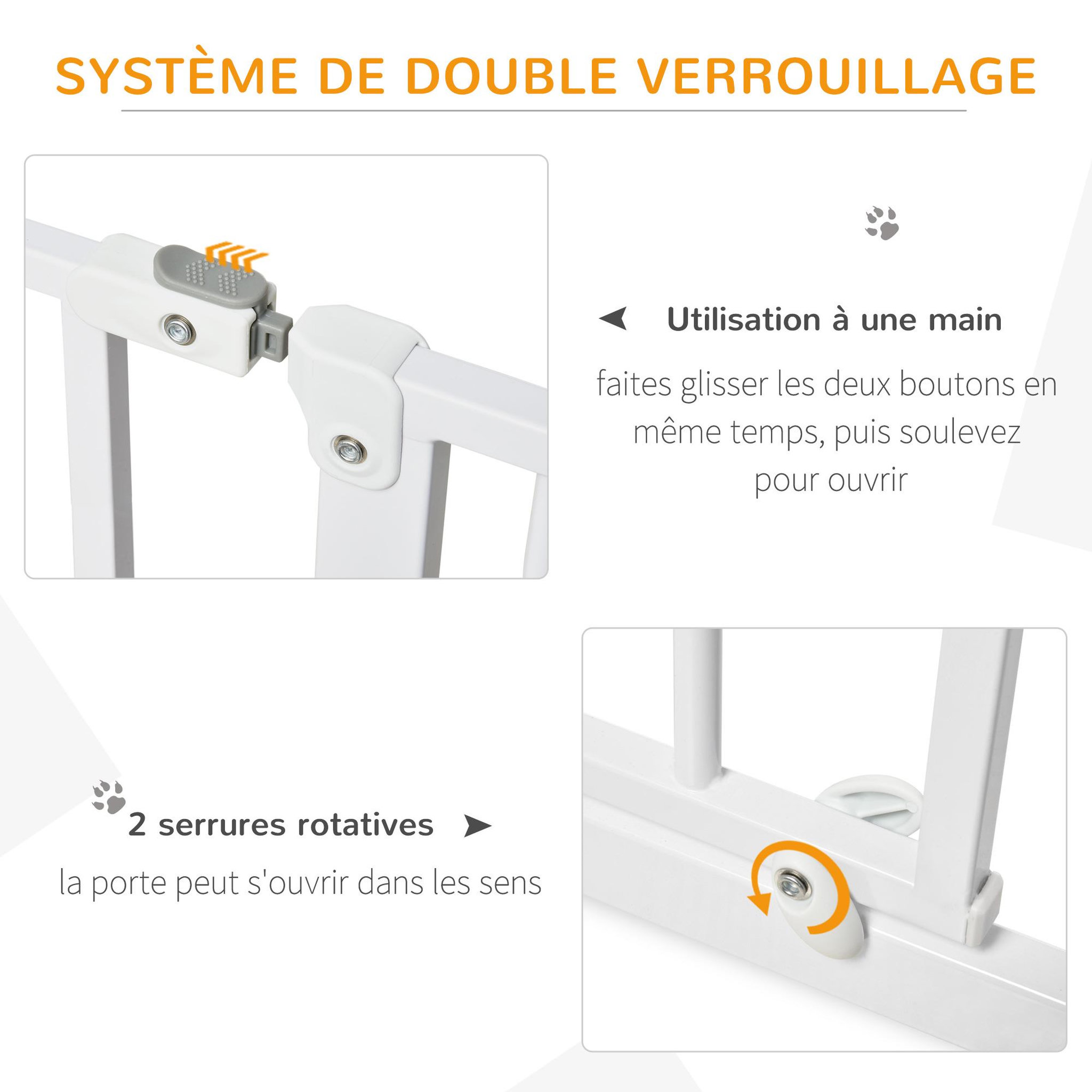Voir la diapositive 4 : PAWHUT Barrière de sécurité animaux - longueur réglable dim. 75-145 cm - porte double verrouillage, ouverture double sens -sans perçage - acier abs blanc