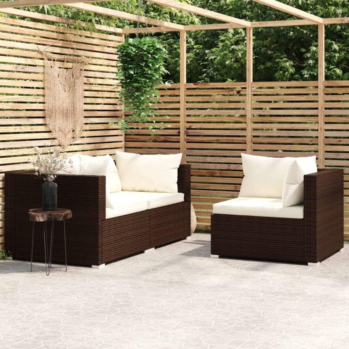 VIDAXL Salon de jardin 3 pcs avec coussins Marron Resine tressee