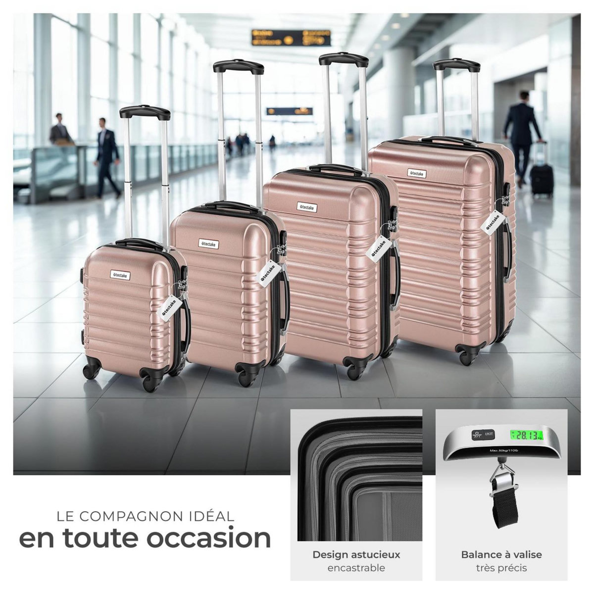 tectake Set de valises rigides 4 pièces en plastique ABS robuste, pèse-bagages et une étiquette de valise incluses or rose