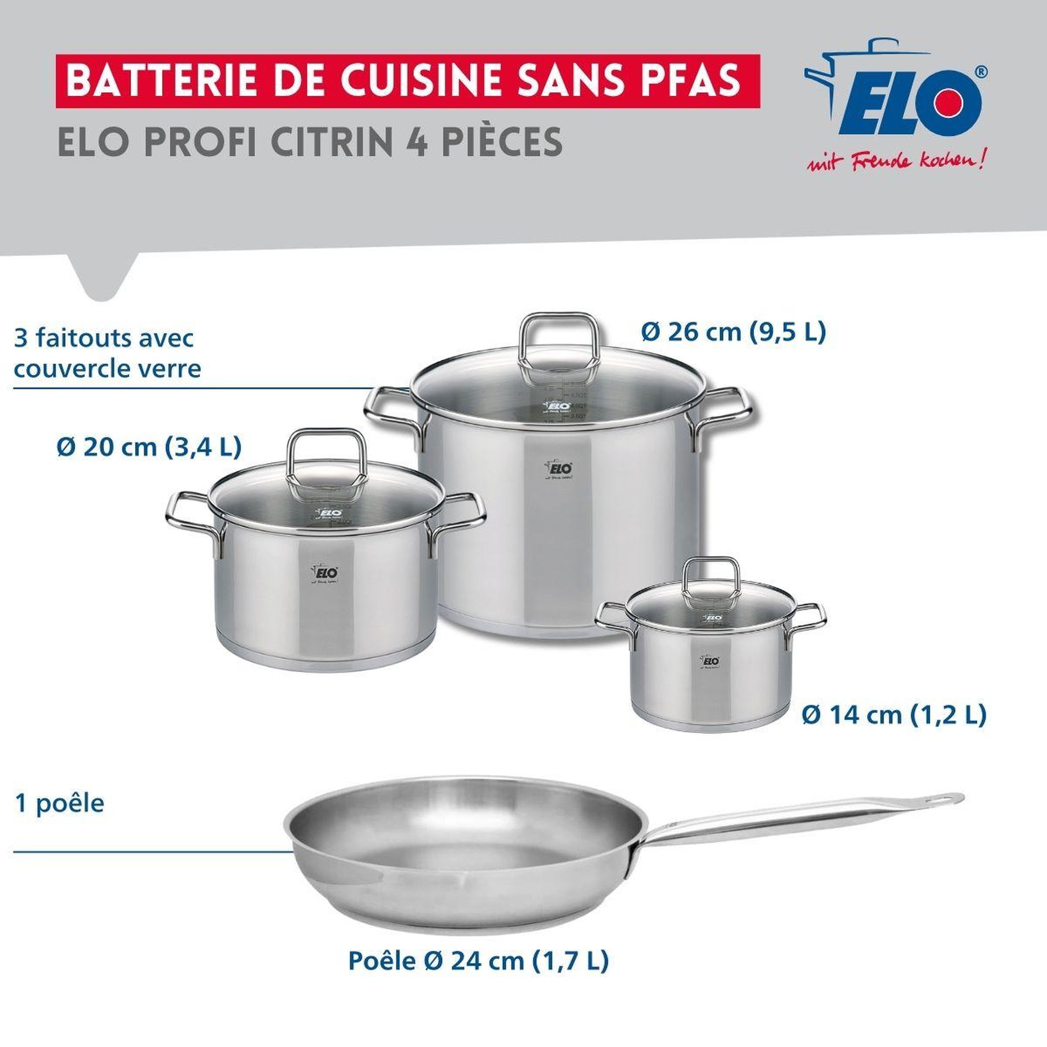 Voir la diapositive 2 : ELO Ensemble de 1 poêle de cuisson 24 cm et 3 faitouts 14, 20 et 26 cm elo profi citrin