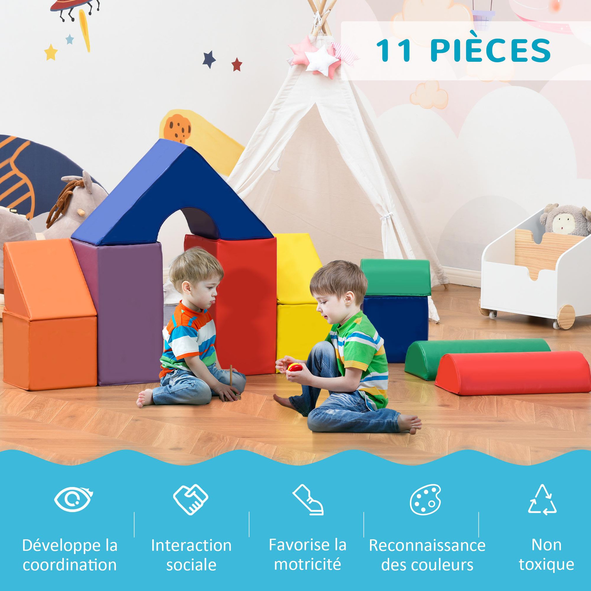 Voir la diapositive 4 : HOMCOM 11 blocs de construction en mousse XXL - modules de motricité - jouets éducatifs - certifiés normes EN71-1-2-3 - mousse EPE revêtement PU multicolore
