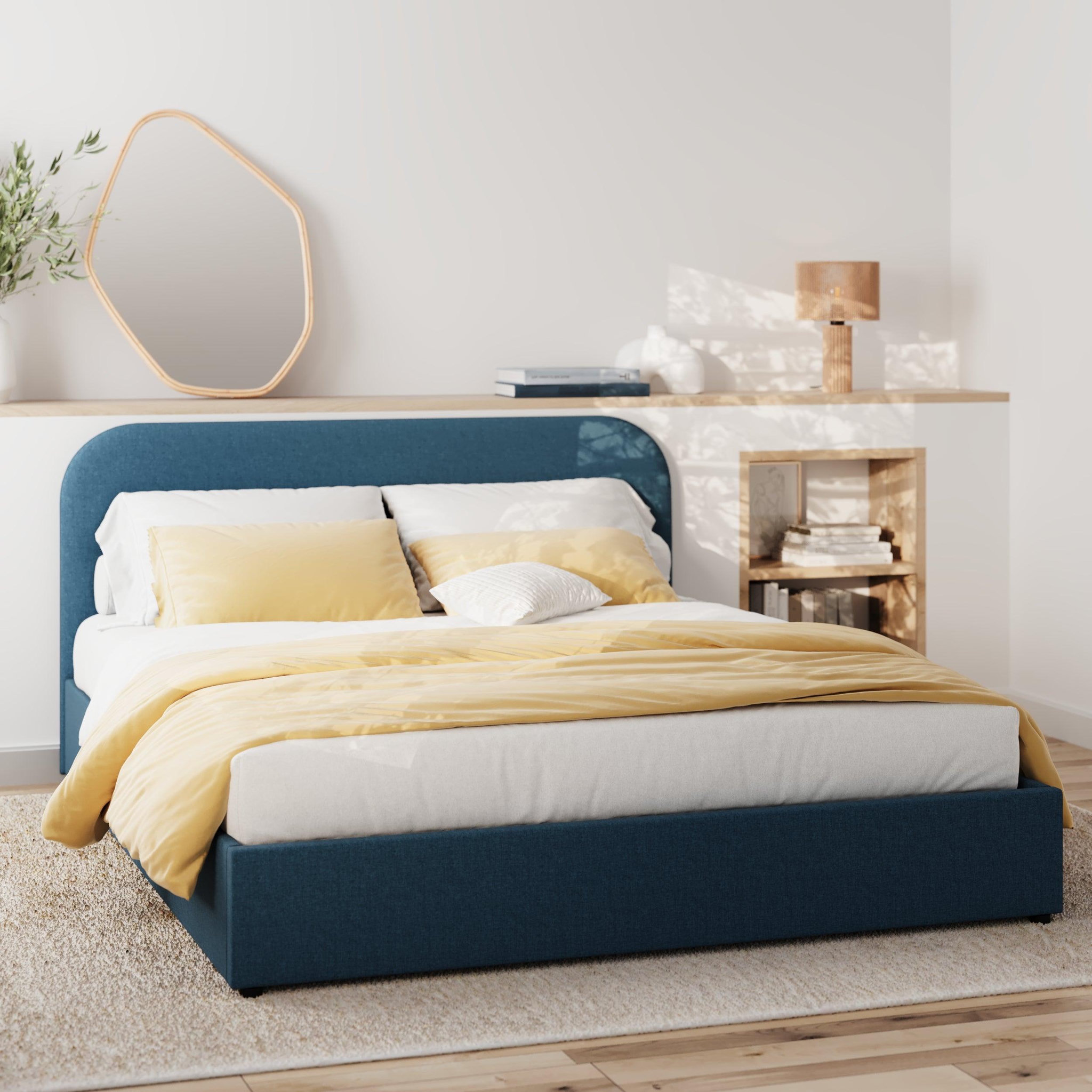 Voir la diapositive 2 : MAISON PAVANE Lit double avec coffre 160x200 cm en tissu bleu-tilly