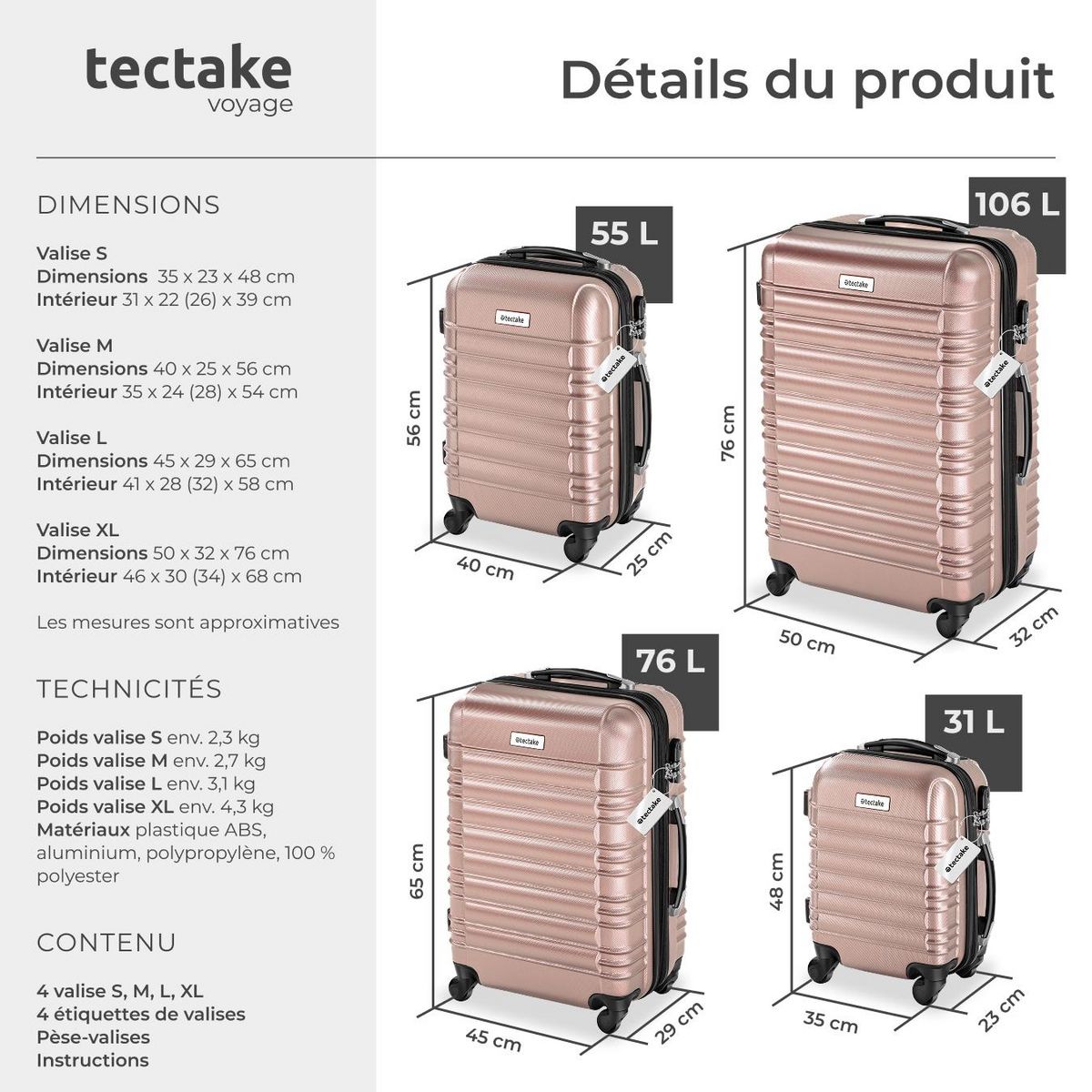 tectake Set de valises rigides 4 pièces en plastique ABS robuste, pèse-bagages et une étiquette de valise incluses or rose
