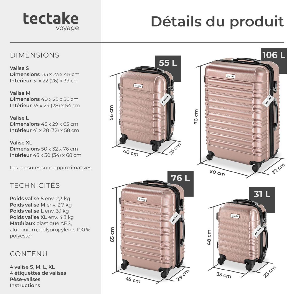 tectake Set de valises rigides 4 pièces en plastique ABS robuste, pèse-bagages et une étiquette de valise incluses or rose