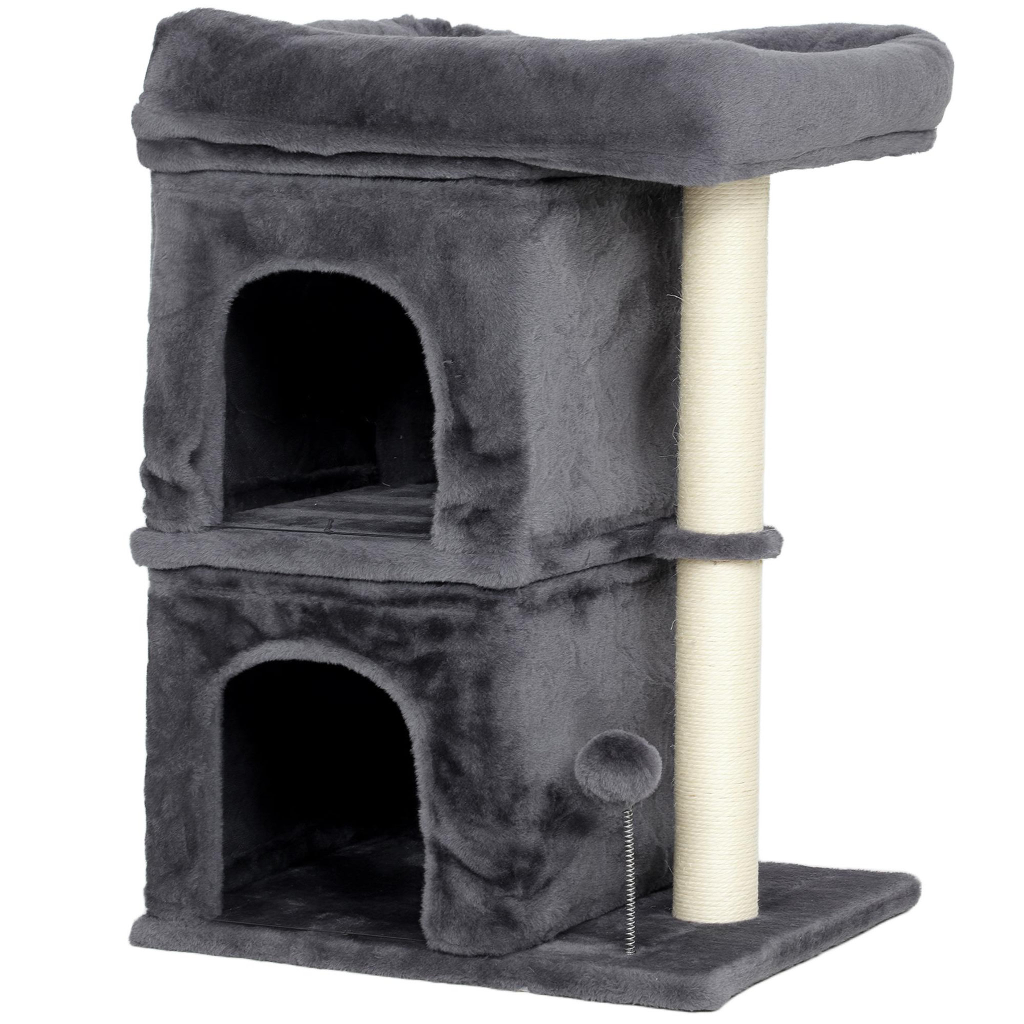 PAWHUT Arbre à chat griffoir 2 niches grande plateforme panier d'observation boule ressort gris