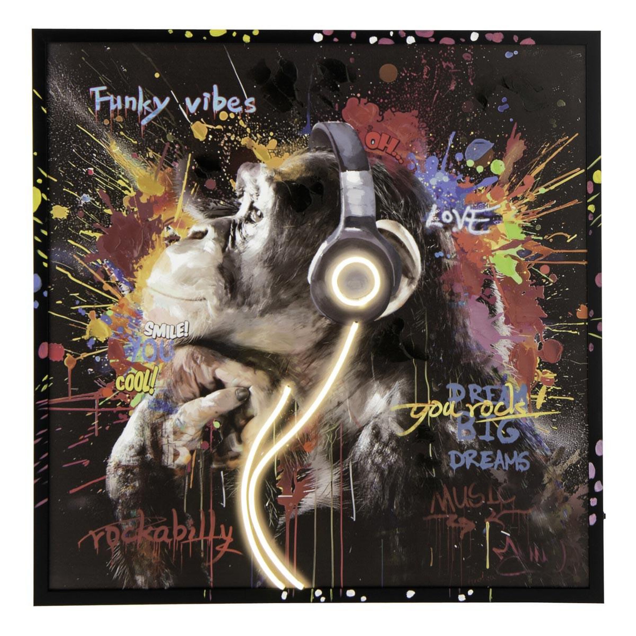 Voir la diapositive 2 : J-LINE Tableau à led  monkey headphone  83x83cm multicolore