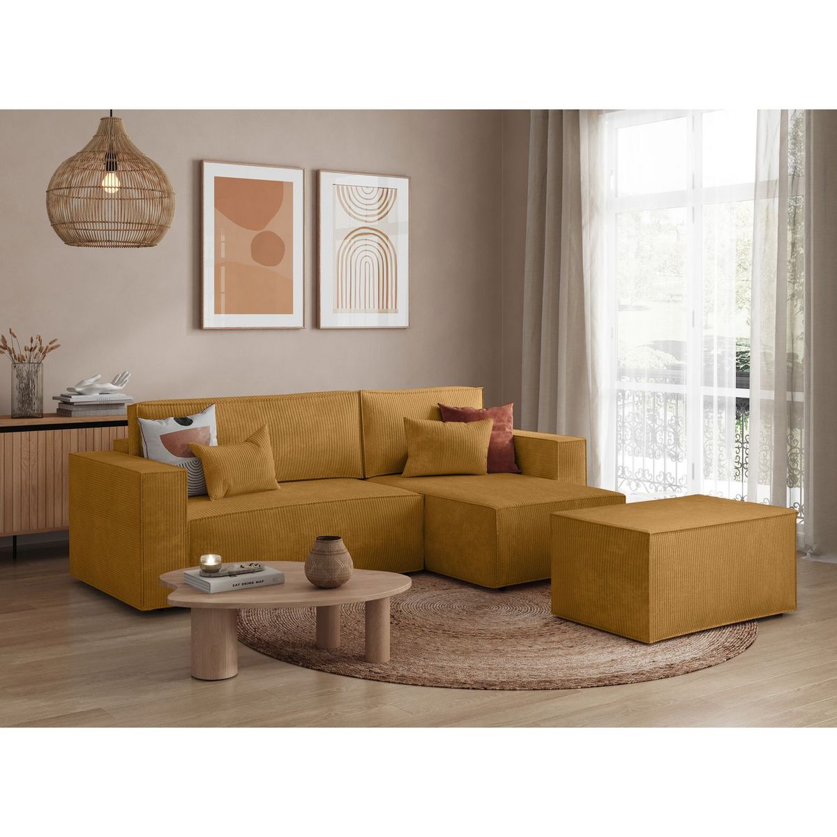 Canapé d'angle convertible réversible 3 places + 1  pouf velours côtelé  DAPHNE