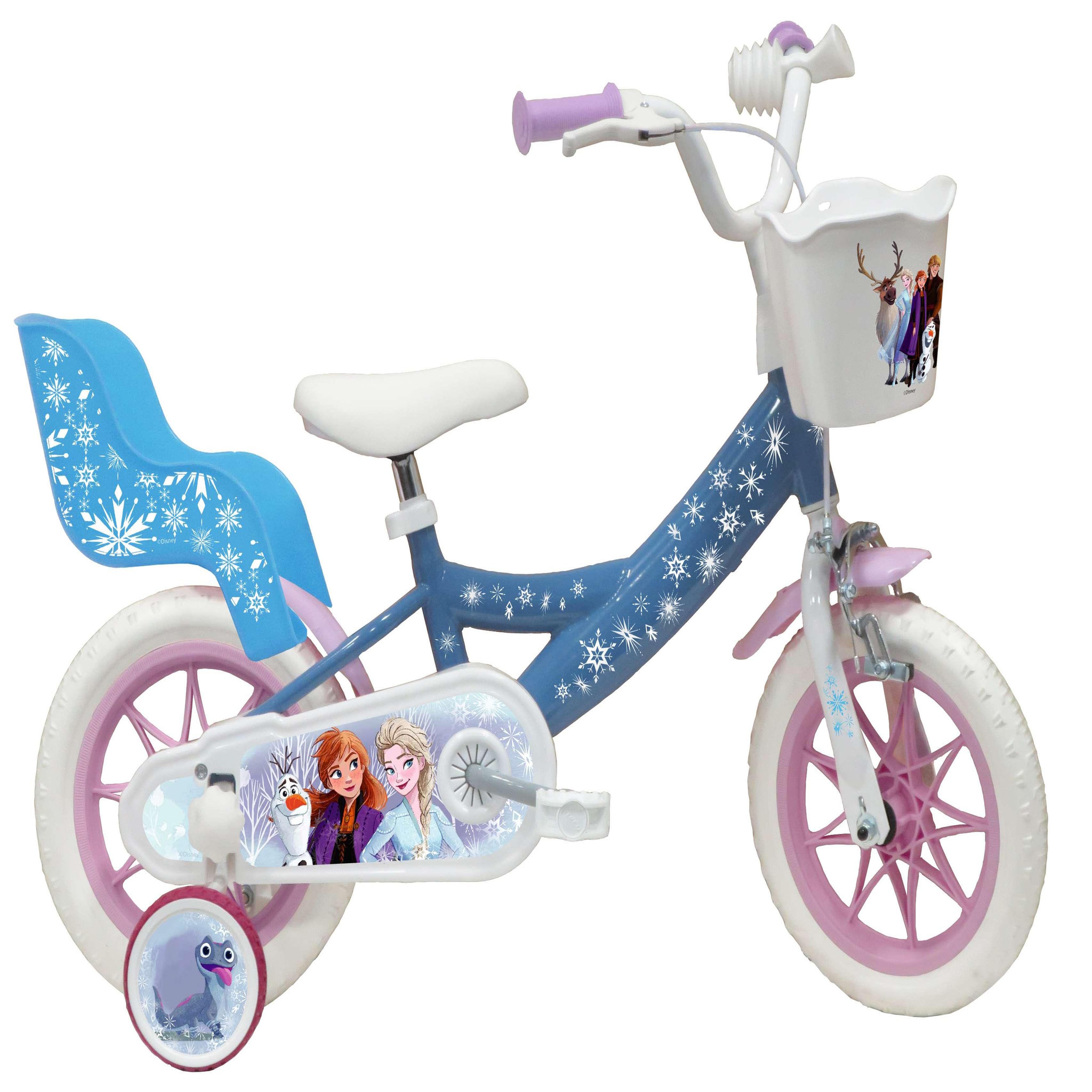 Disney La Reine des Neiges Vélo enfnat - Modèle 12'' Reine des neiges pour enfant de 85/100 cm avec stabilisateurs - 1 Frein - Panier avant - Porte poupée arrière et roues batons