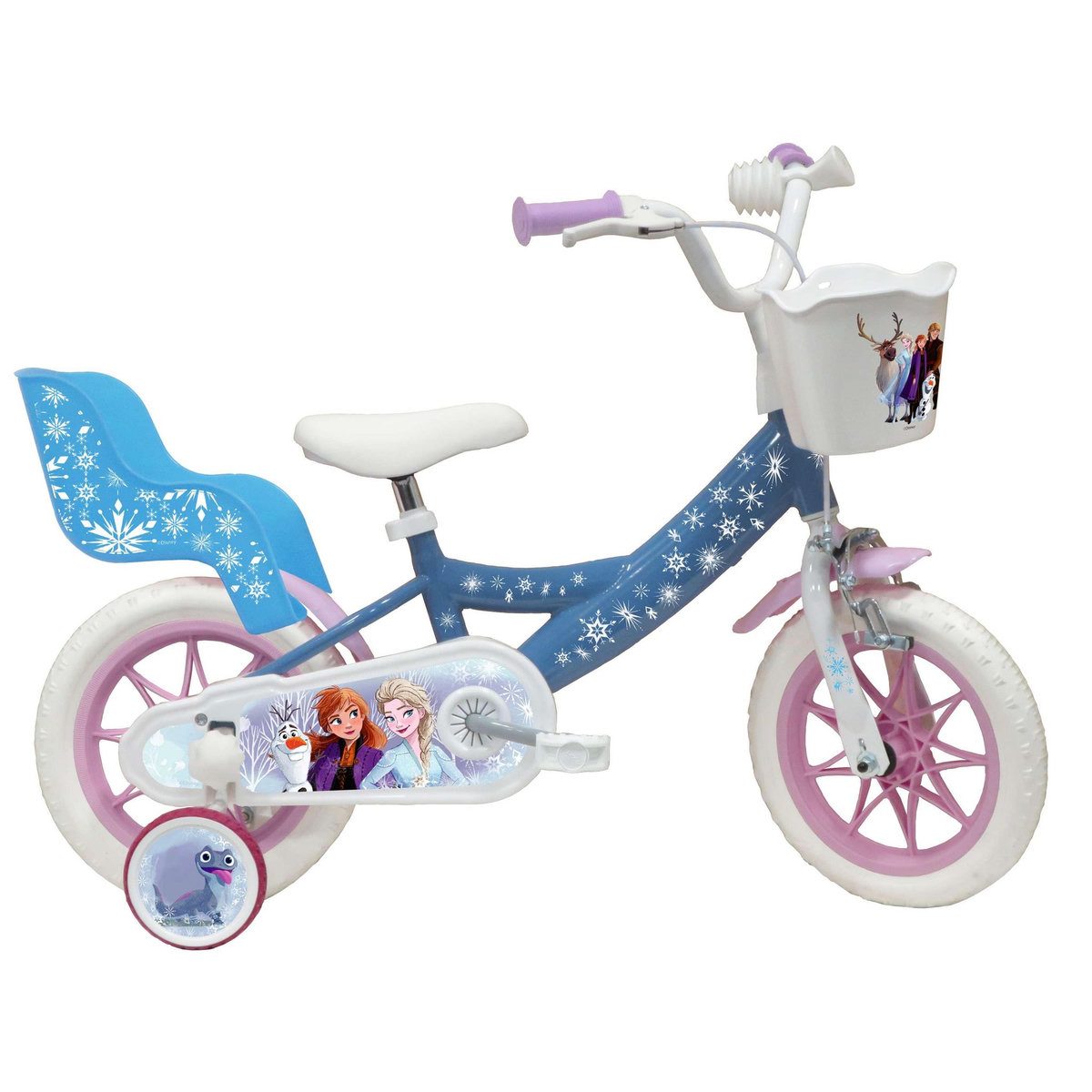 Disney La Reine des Neiges Vélo enfnat - Modèle 12'' Reine des neiges pour enfant de 85/100 cm avec stabilisateurs - 1 Frein - Panier avant - Porte poupée arrière et roues batons