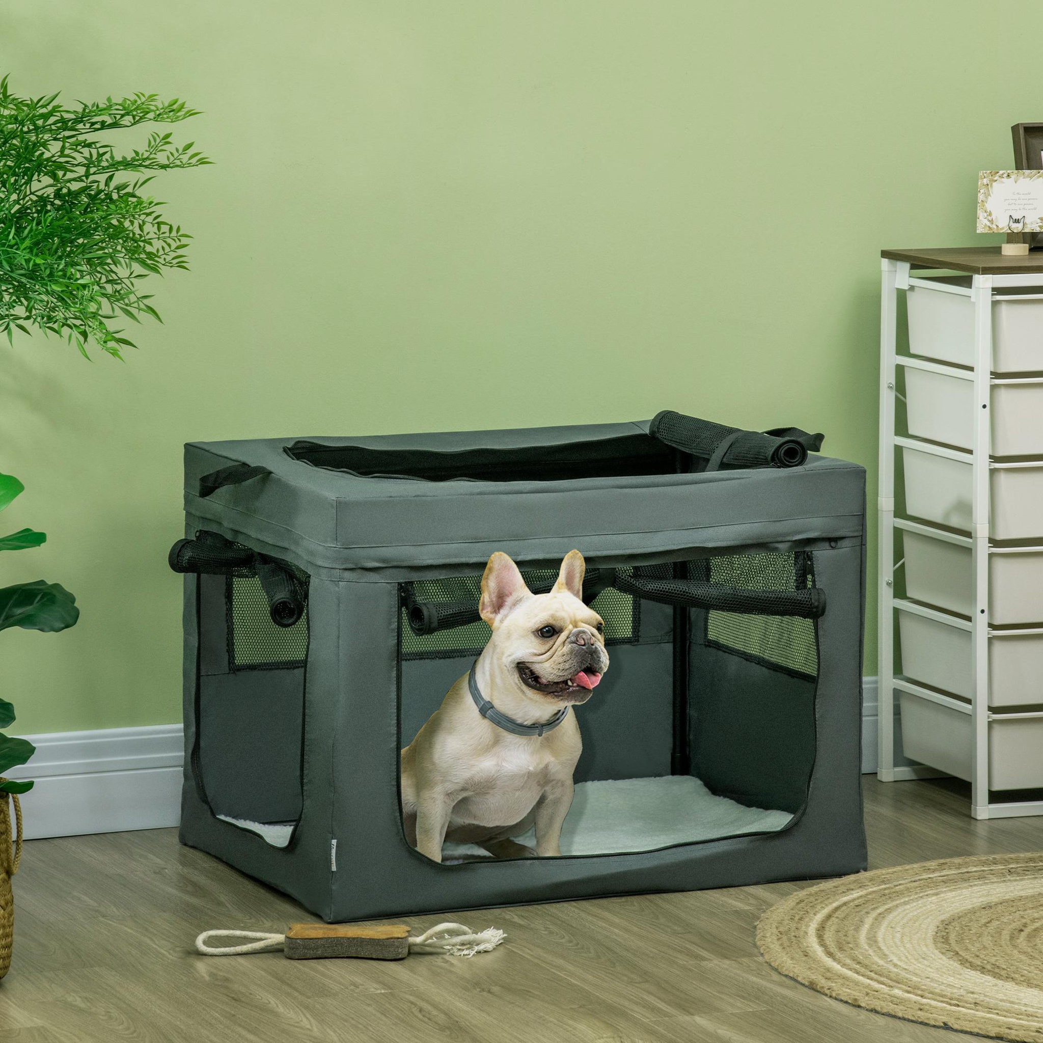 Voir la diapositive 2 : PAWHUT Sac de transport pliable pour chien chat - 2 poignées, 3 portes - dim. 79L x 57l x 57H cm - acier polyester gris