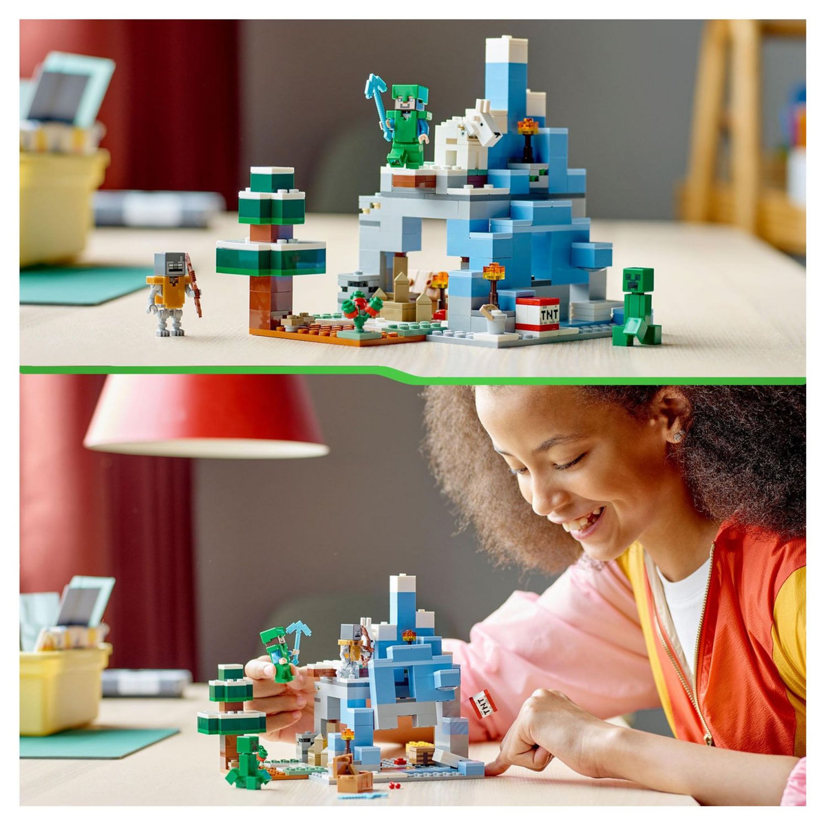 LEGO Minecraft 21243 Les pics gelés, Jouet Garçons et Filles 8 Ans, Cavernes des Montagnes, avec Figurines Steve, Creeper et Chèvre, et TNT, Biome Glacé