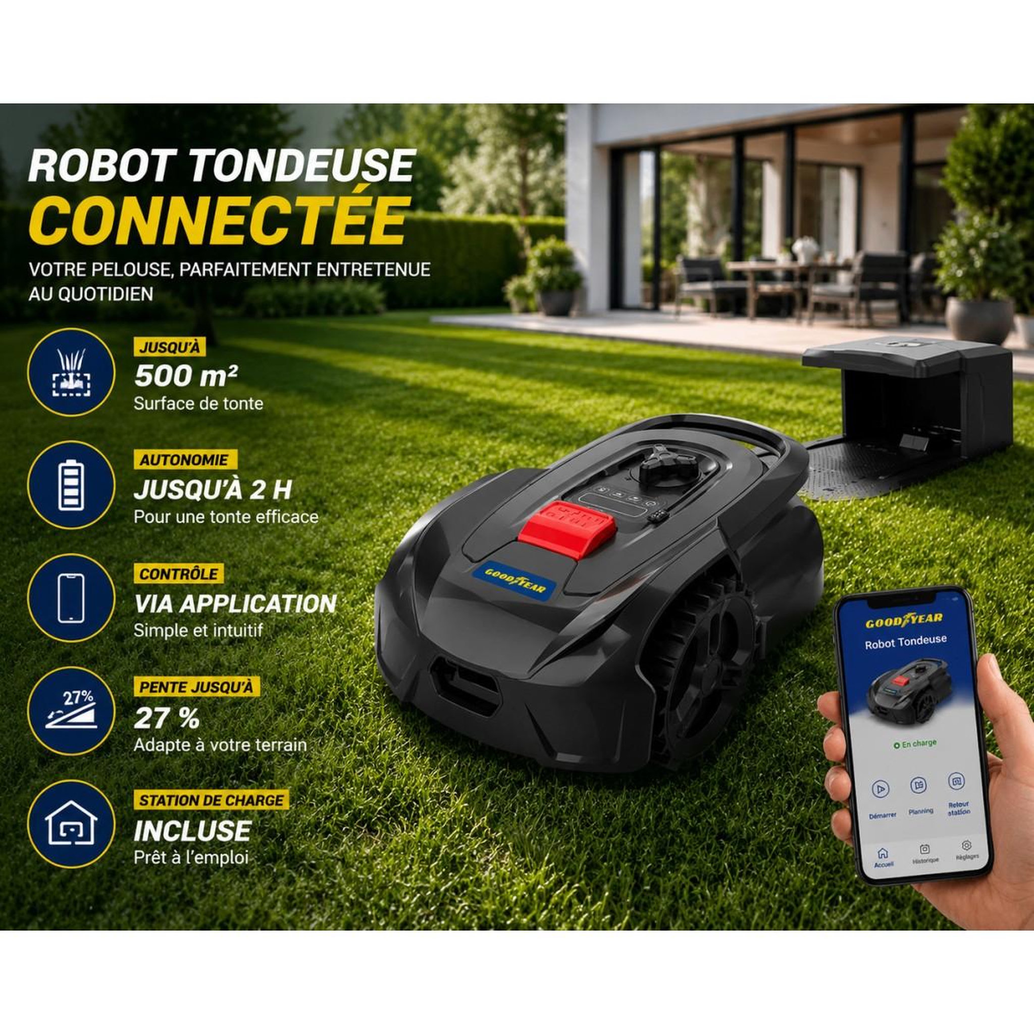 Voir la diapositive 2 : GOODYEAR Robot tondeuse sans fil 500m2 installation facile 3 lames mulching coupe ø18cm 45% retour à la base autonome goodyear