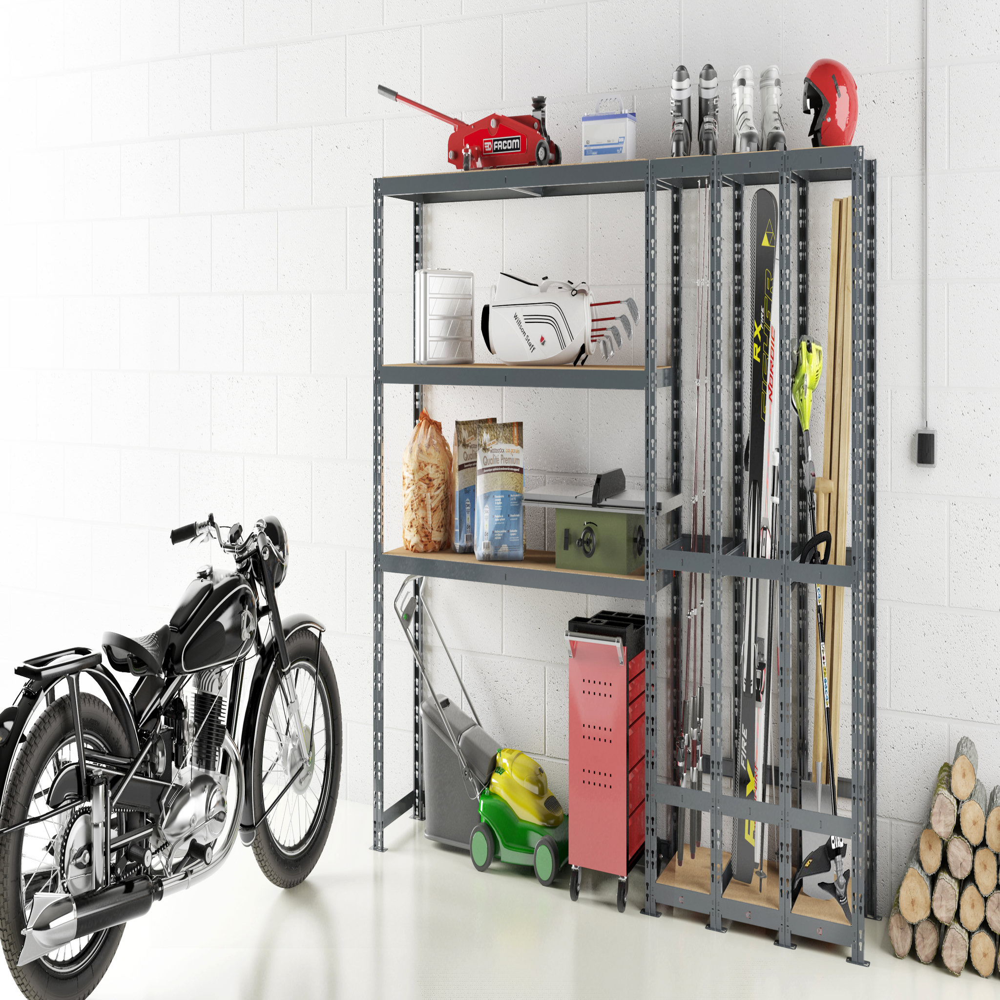 Voir la diapositive 3 : Concept rangement de garage MODULÖ STORAGE SYSTEME EXTENSION 2 étagères 5 plateaux longueur 255 cm