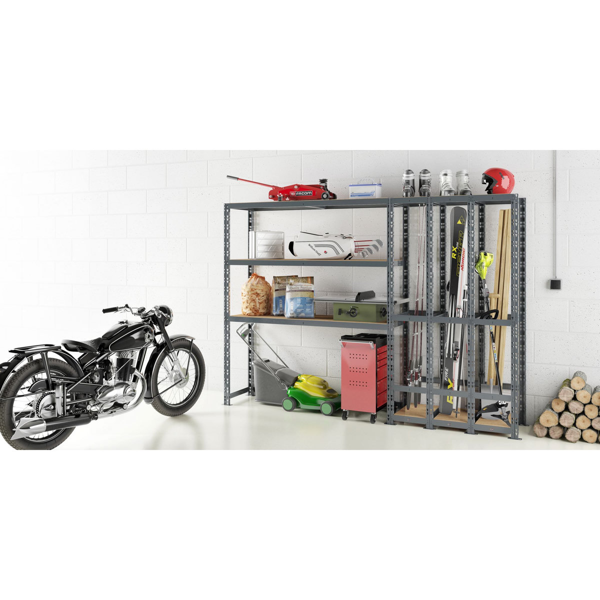 Concept rangement de garage MODULÖ STORAGE SYSTEME EXTENSION 2 étagères 5 plateaux longueur 255 cm