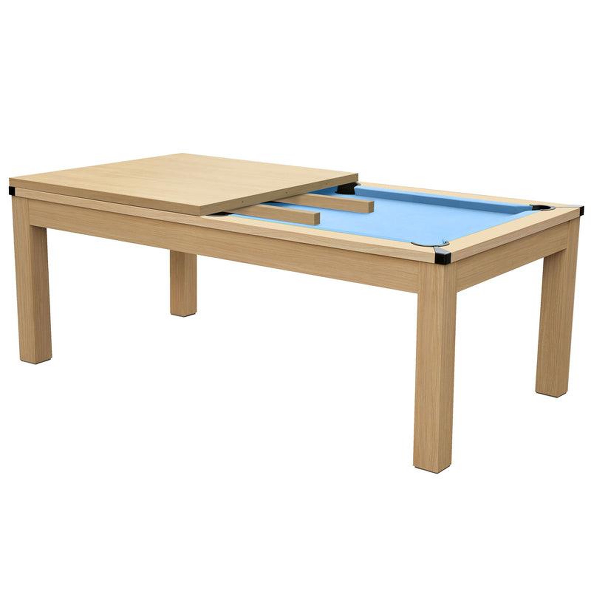 Voir la diapositive 2 : MAISON PAVANE Table de billard convertible bois clair tapis bleu clair-eddie
