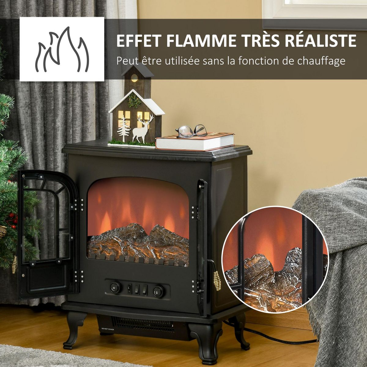 HOMCOM Cheminée électrique poêle style néo-rétro 2 portes verre trempé 1000/2000 W LED luminosité réglable acier ABS noir